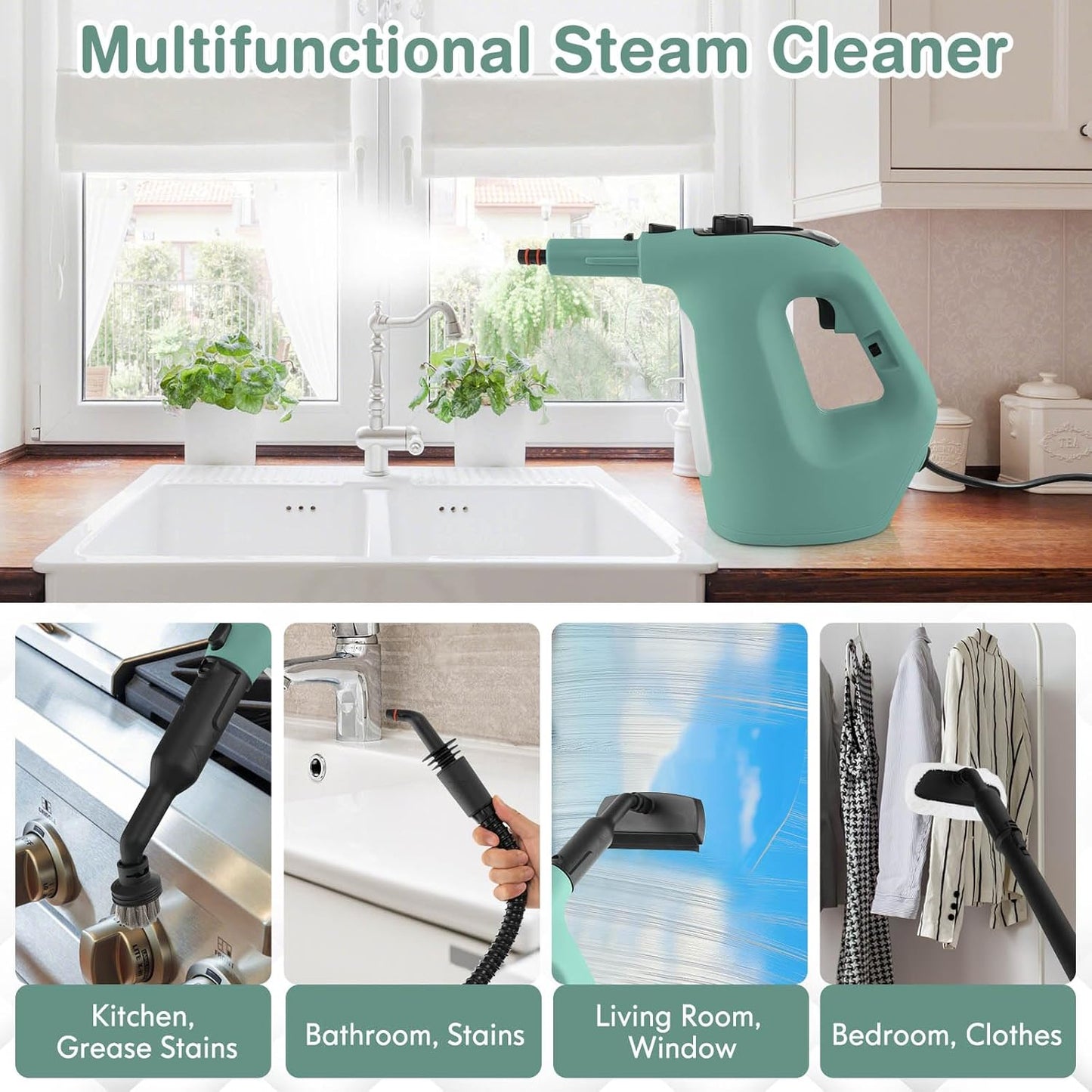 COSTWAY Handheld MultiPurpose Steam Cleaner with 17 Pieces, 350ml Large Capacity Steam Mop Continuous Fill water, Portable Chemical-Free Steamer for Home Use, Floors, Windows, 1400W, Green