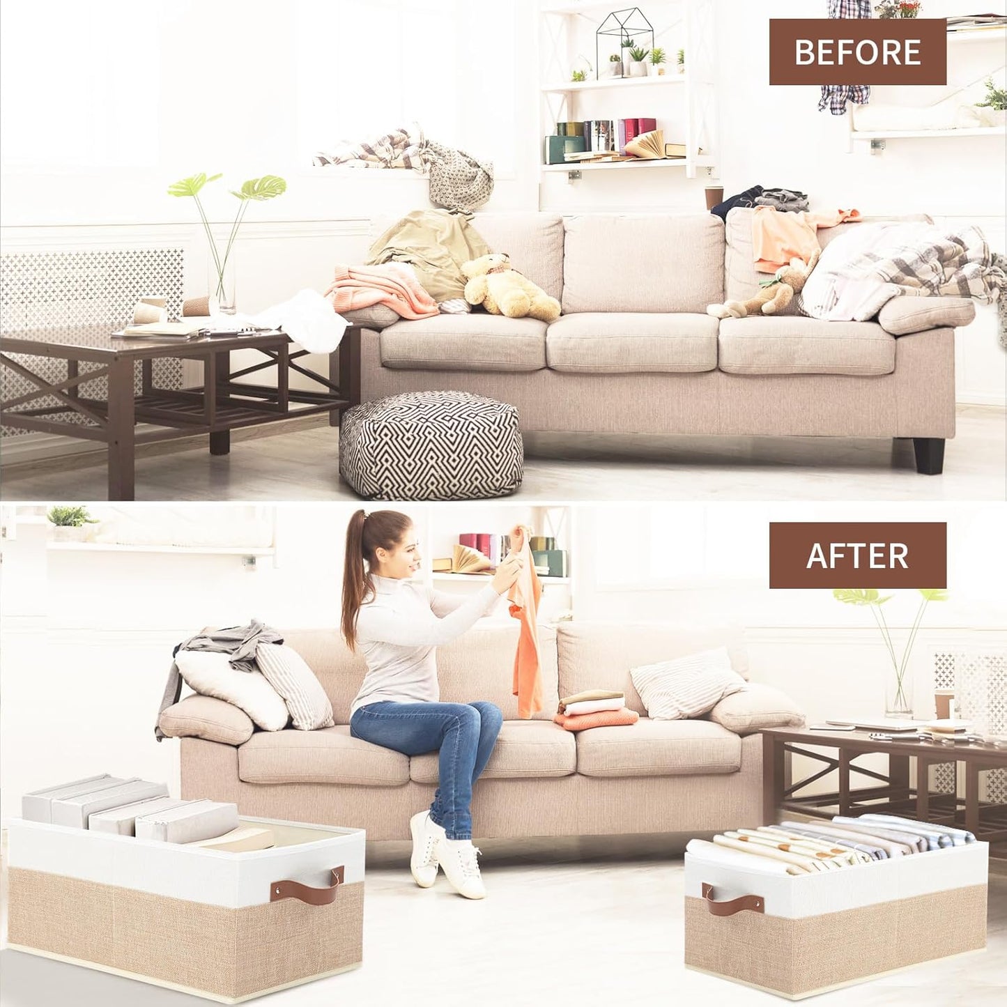 6 Pack Fabric Storage Bins, Large Storage Baskets for Shelves, Foldable Closet Organizer Storage Boxes with Leather Handles for Clothes, Sheets, Jeans, Toys, Books (Beige and White)