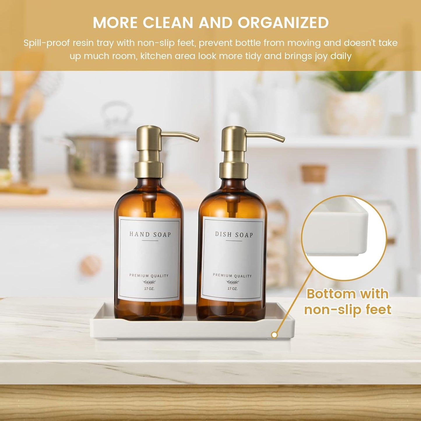 Glass Soap Dispenser for Kitchen Sink,Farmhouse Kitchen Dish Soap Dispenser&Hand Soap Dispenser Set,Rustproof Pump Bathroom Soap Dispenser with Tray,Waterproof Label for Kitchen Decor(Amber