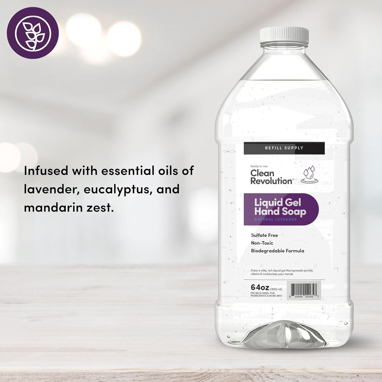 Clean Revolution Liquid Gel Hand Soap, Silky Rich Liquid, Quick Lather, Fast Rinsing, Contains Real Essential Oils (Natural Lavender) 64 Fl Oz