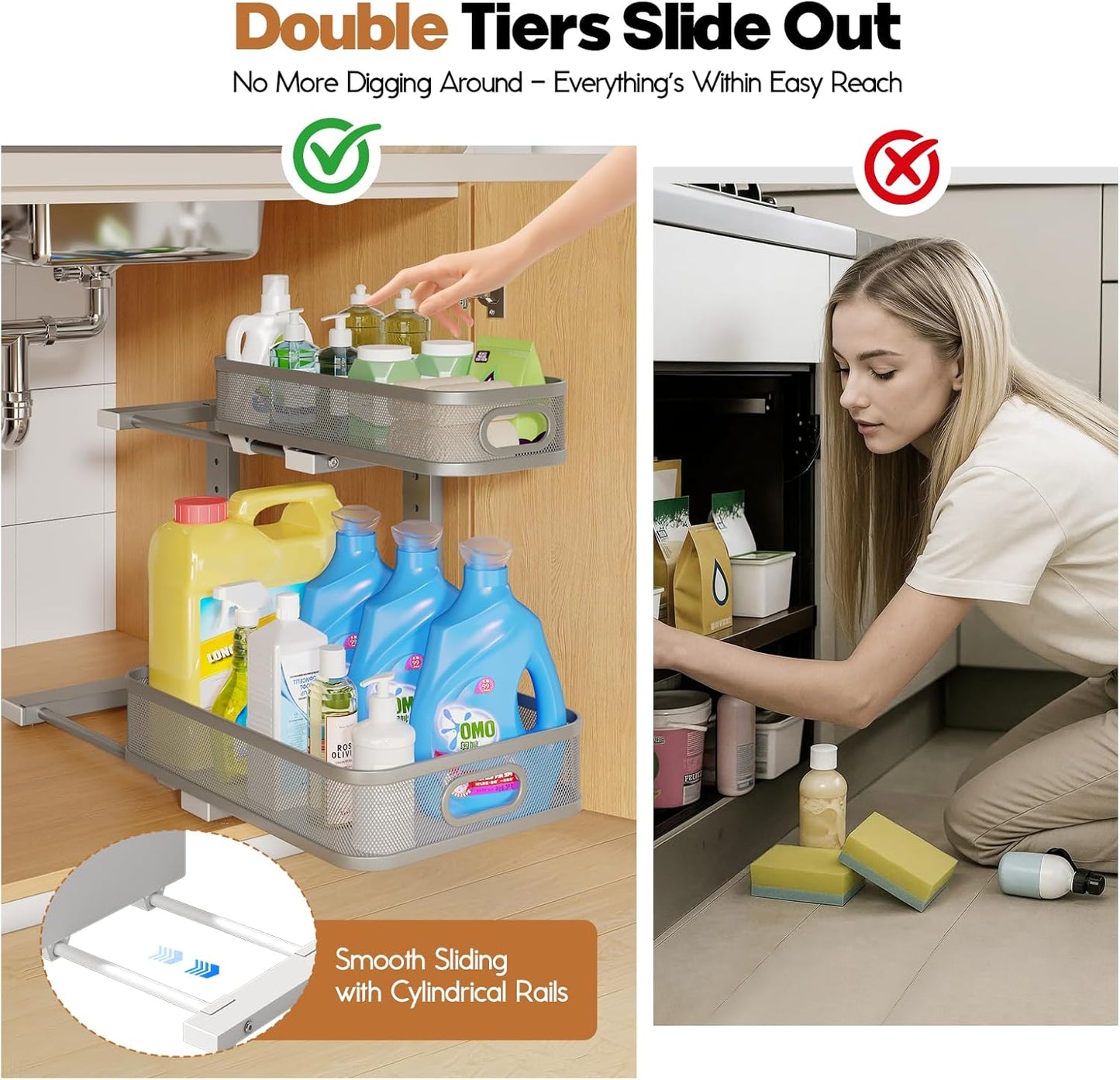 2 Pack 21.3IN-Depth Under Sink Organizer with Smooth Cylindrical Rail,2-Tier Pull Out Multi-Purpose Cabinet Storage for Bathroom&Kitchen,Height Adjustable,Rust-Resistant Coating-Gun Gray