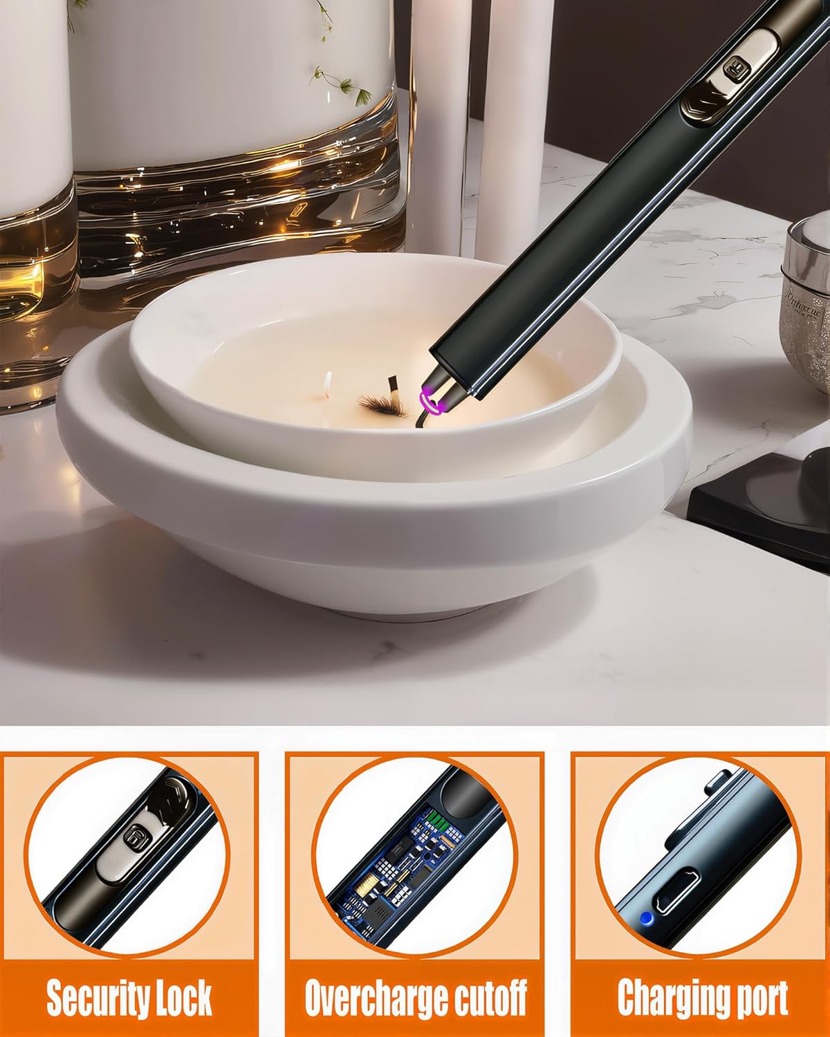 5 in1 Candle Accessory Set with Rechargeable Candle Lighter, Candle Wick Trimmer, Candle Wick Snuffer, Candle Wick Dipper, Storage Tray Plate, Candle Care Kit (Matte Black)