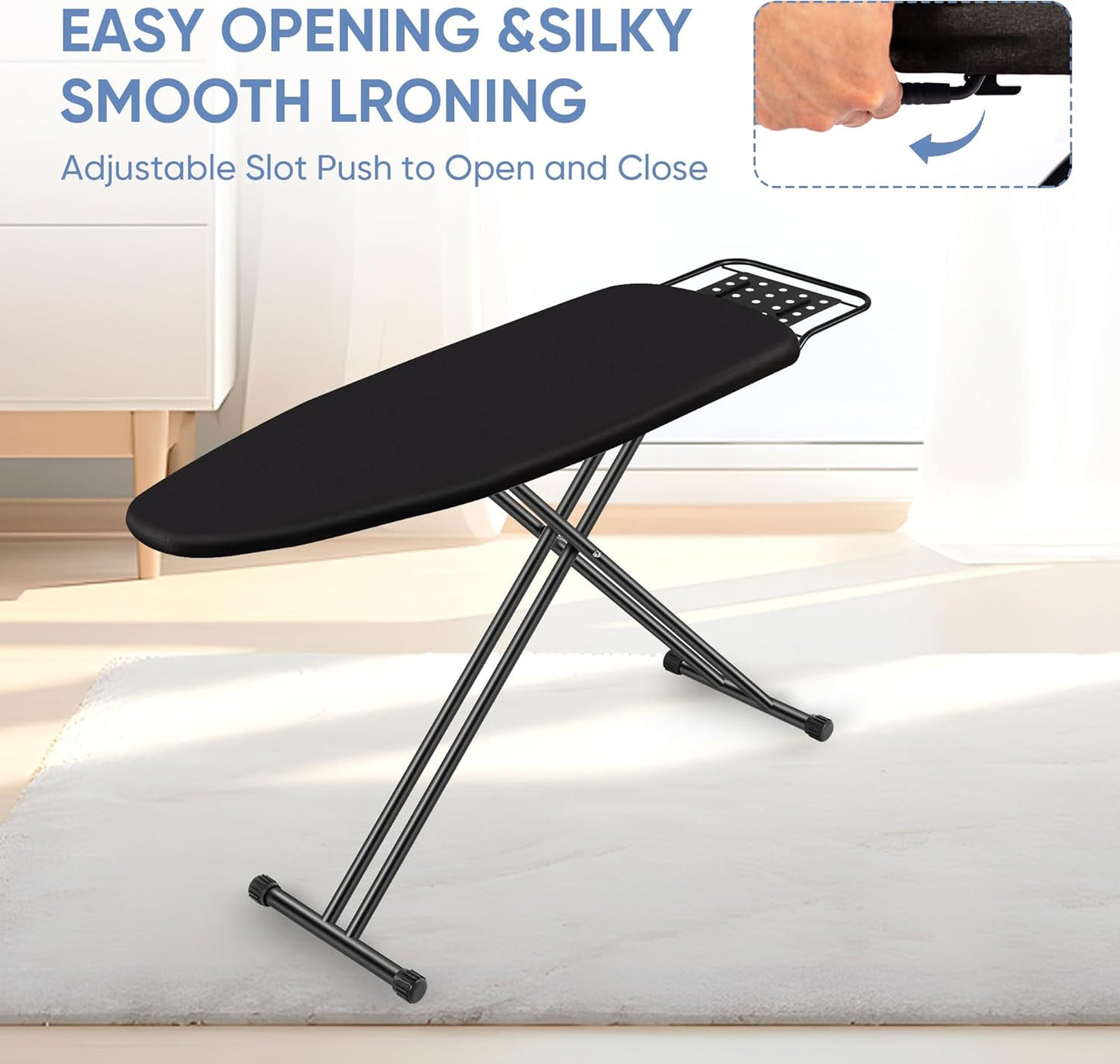 Full Size Ironing Board 47" X 15" with Heat Resistant Cover and Thicken Felt Pad, Safety Iron Rest, Anti-Skid Feet, Height Adjustable, Heavy Duty,Black
