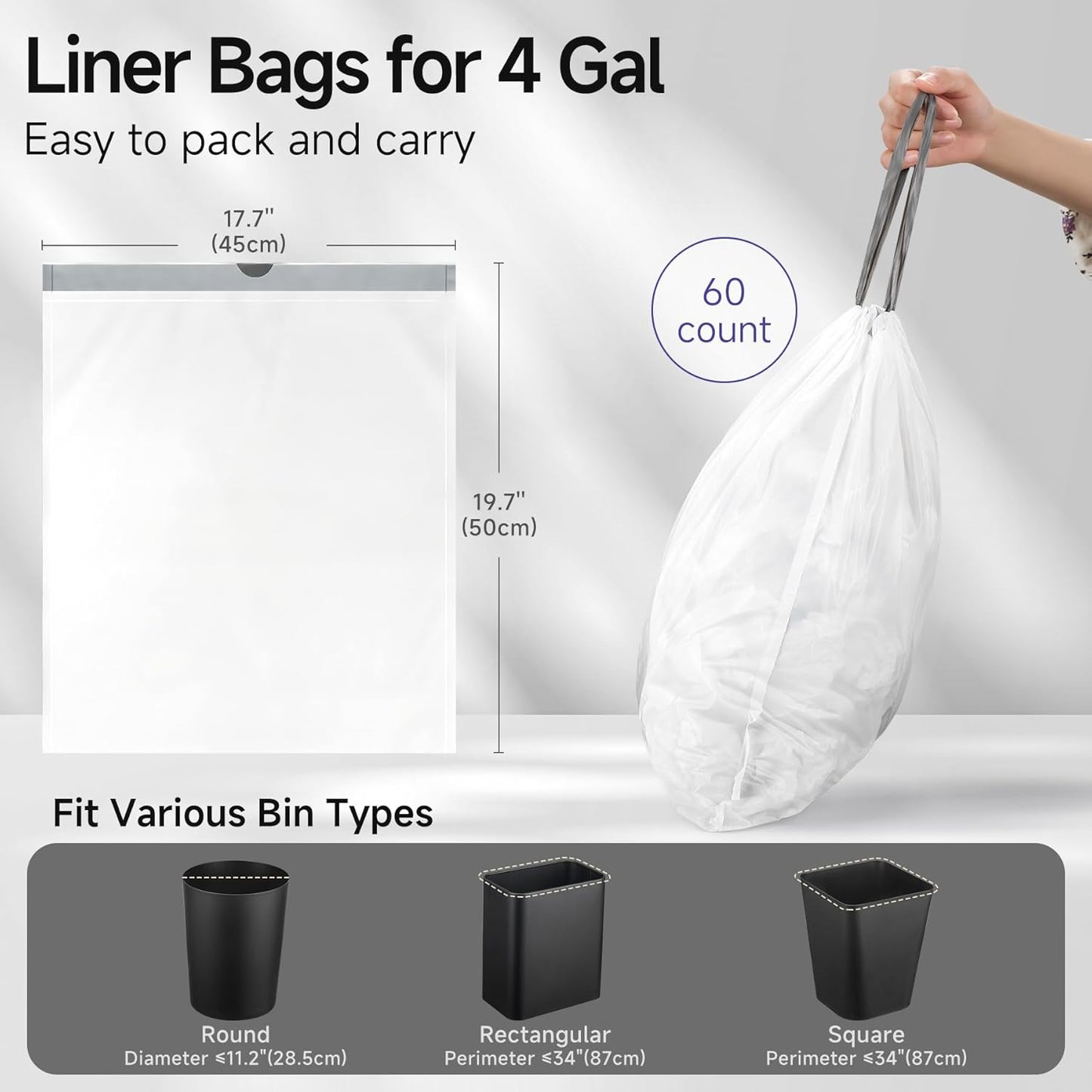 Drawstring 4 Gallon Trash Bags, Pre-Cut Strong Wastebasket Bin Liners, White Garbage Bags for Home, Office, Bathroom (Code D, 60 Count)
