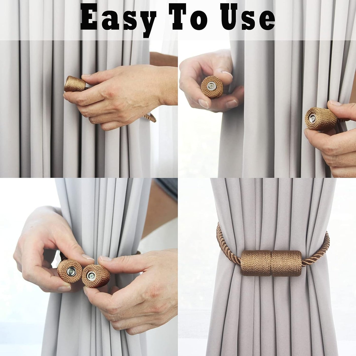 2 Pack Strong Magnetic Curtain Tiebacks Outdoor Elegant Decorative Tie Backs Modern Rope Tiebacks for Drapes Window Curtain Holdbacks for Draperies- Khaki