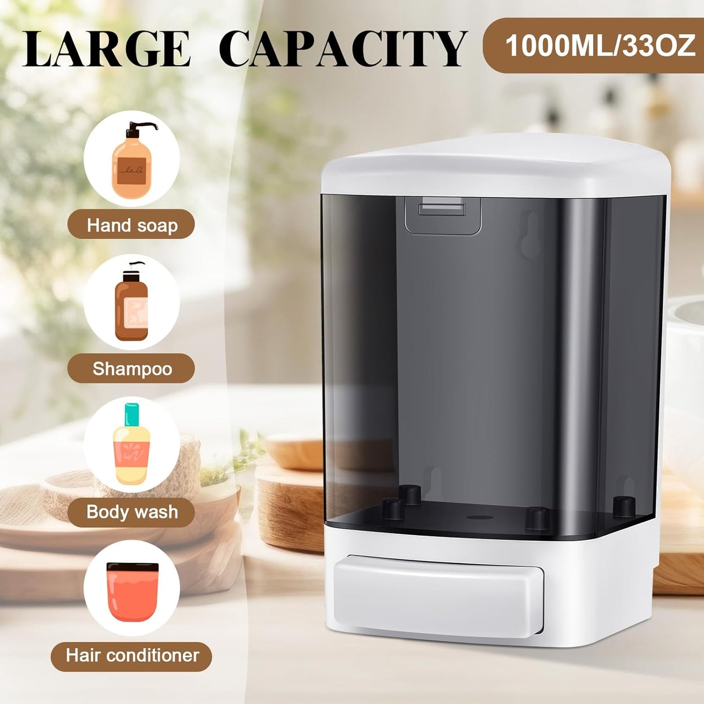 Hushee 4 Pcs Plastic Wall Mounted Soap Dispenser Commercial Manual Soap Containers Wall Dispenser for Kitchen Shower Hotel Liquid Shampoo Gel Chamber