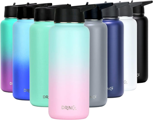 DRINCO Stainless Steel Water Bottle Spout Lid Vacuum Insulated Double Wall Water Bottle Wide Mouth (40oz 32oz 22oz 18oz 14oz) Leak Proof Keeps Cold or Hot (32 oz, 32oz Macaron)