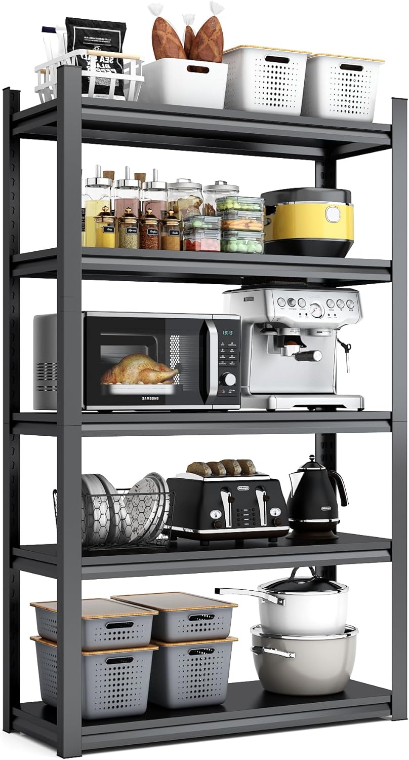 63" H Heavy Duty Garage Shelving, Metal Storage Shelves, Adjustable 5 Tier Metal Shelving Unit, Industrial Utility Rack for Garage, Warehouse, Workshop, 16" D×31.5" W×63" H, Black