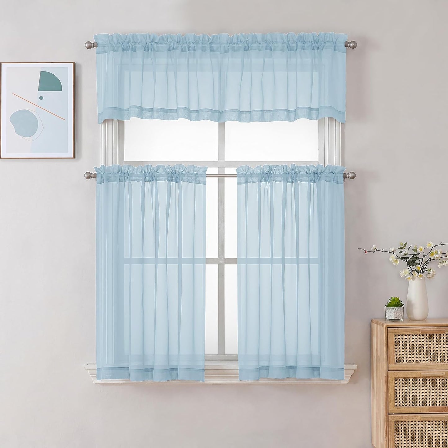 Chyhomenyc Sheer Sky Blue Tier Curtains 24 Inch Length, Small Window Curtains Treatment for Bathroom Living Room Basement, Short Rod Pocket Cafe Curtain, 42W x 24L Inches, 2 Panels