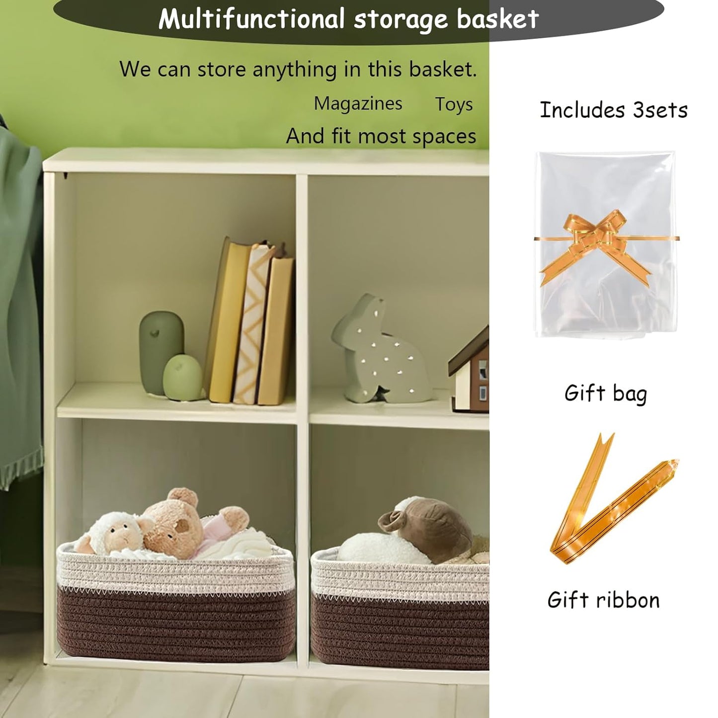 COMFY HOMI 11.5"x7.5"x4.7" Storage Baskets for Organizing | Cotton Rope Woven Basket | Toy Storage Bin Box | Basket for Shelves, Closet Organizer Bin, Decorative Closet Shelf, 3 Pack, dark brown/white