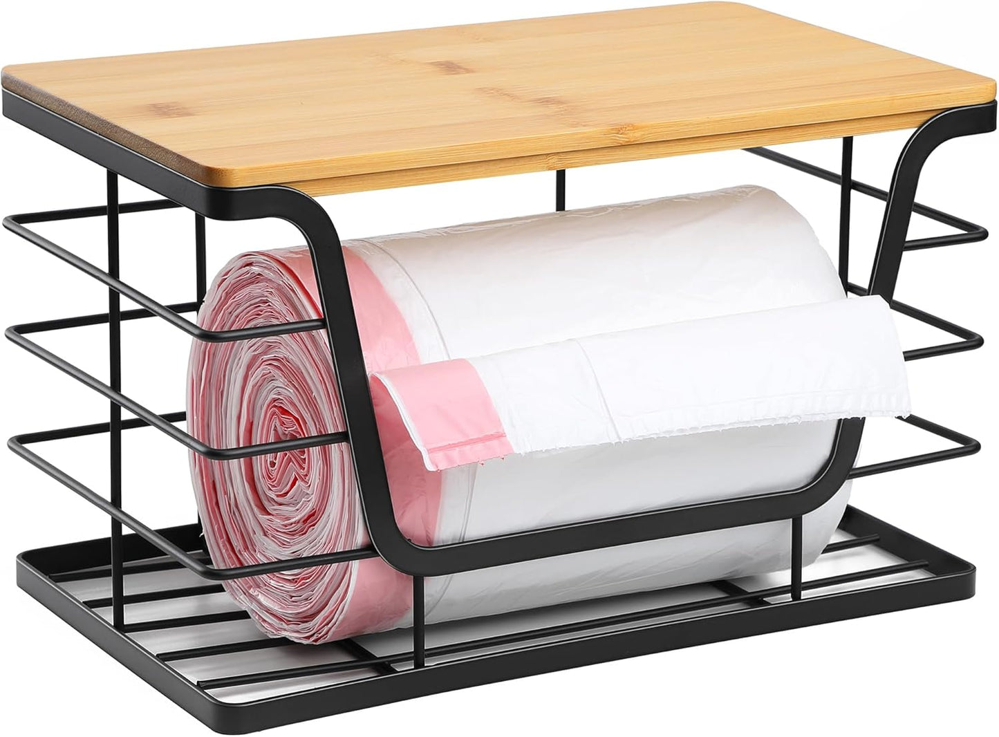 ALOCEO Extra Large Trash Bag Holder Dispenser With Bamboo Top, Wall Mounted Garbage Bag Dispenser Roll Holder for Kitchen Laundry Room Organization