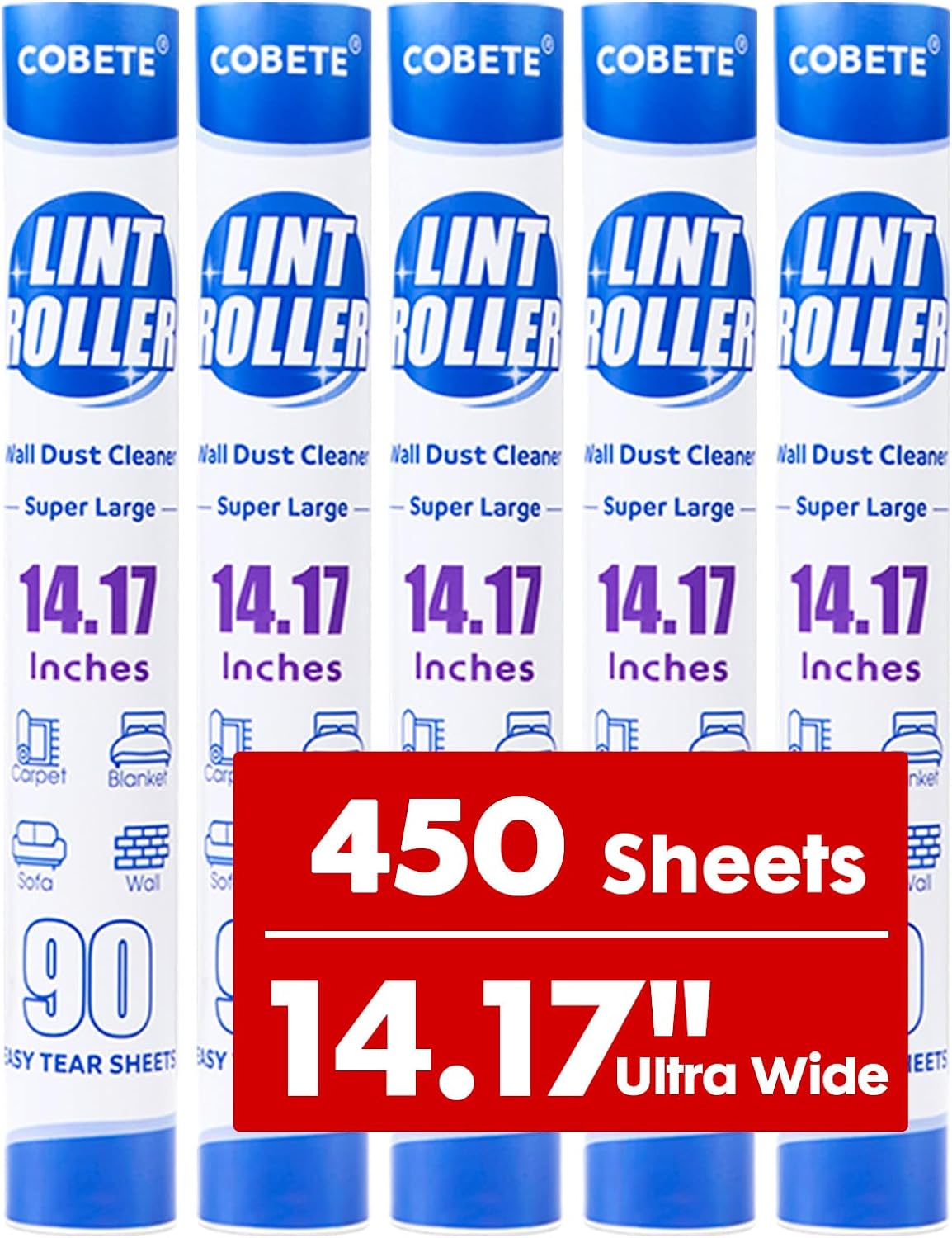 COBETE Large Extra Sticky Lint Roller Refills Pack of 5, 450 Sheets Replacement for Cobete Brand Large Lint Rollers