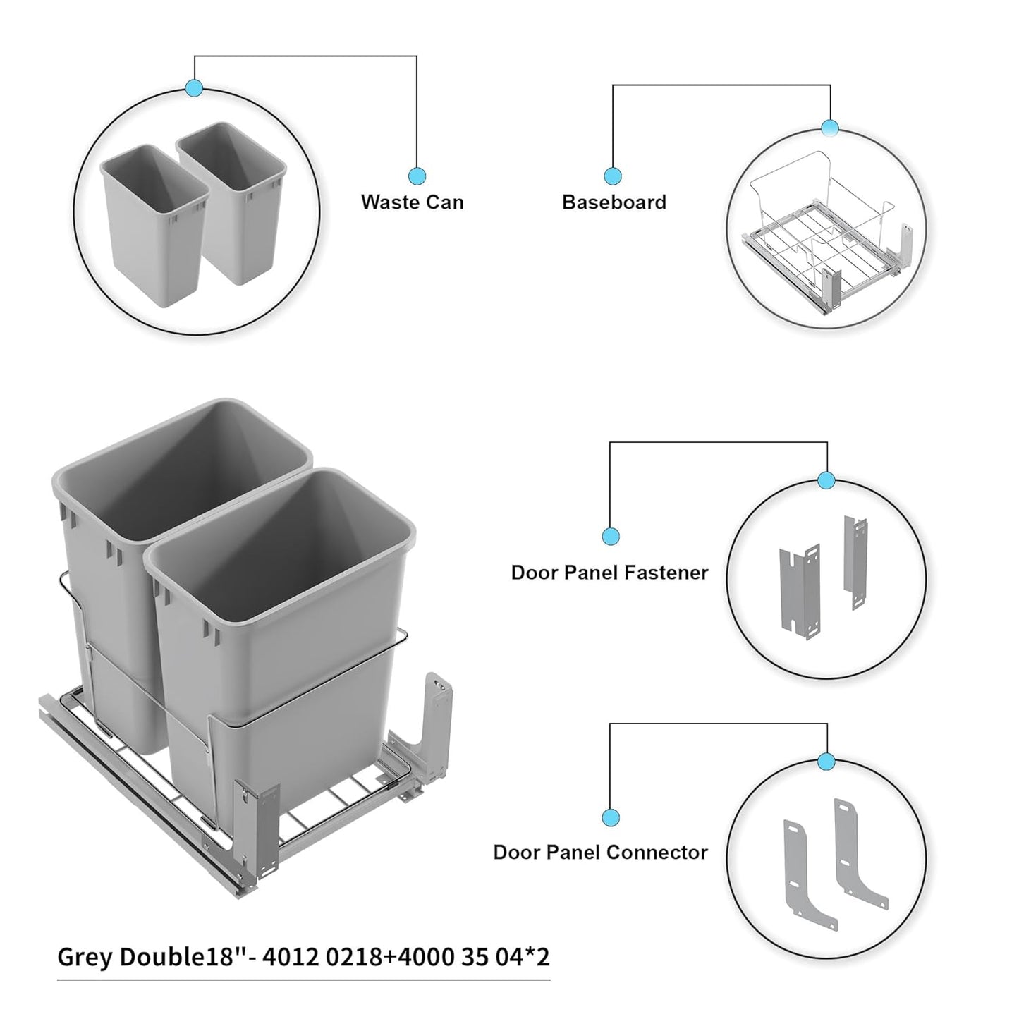 Dowell B18 Aluminum Base Wastebasket Pullout with Door Mount and Two 35Qt/9Gal Plastic Bins (4012 0218+35x2)