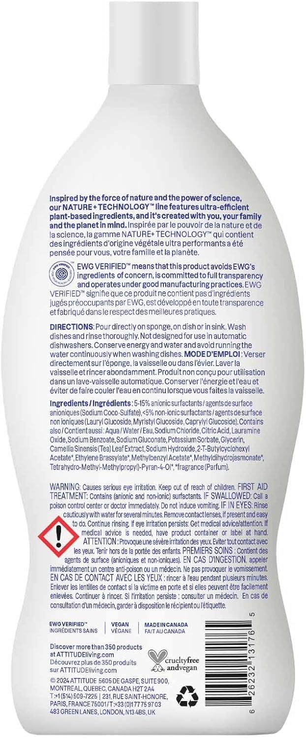 ATTITUDE Dish Soap, EWG Verified, Plant-Based & Vegan Dishwashing Liquid, Naturally Derived, Pink Grapefruit Scent, 23.7 Fl Oz