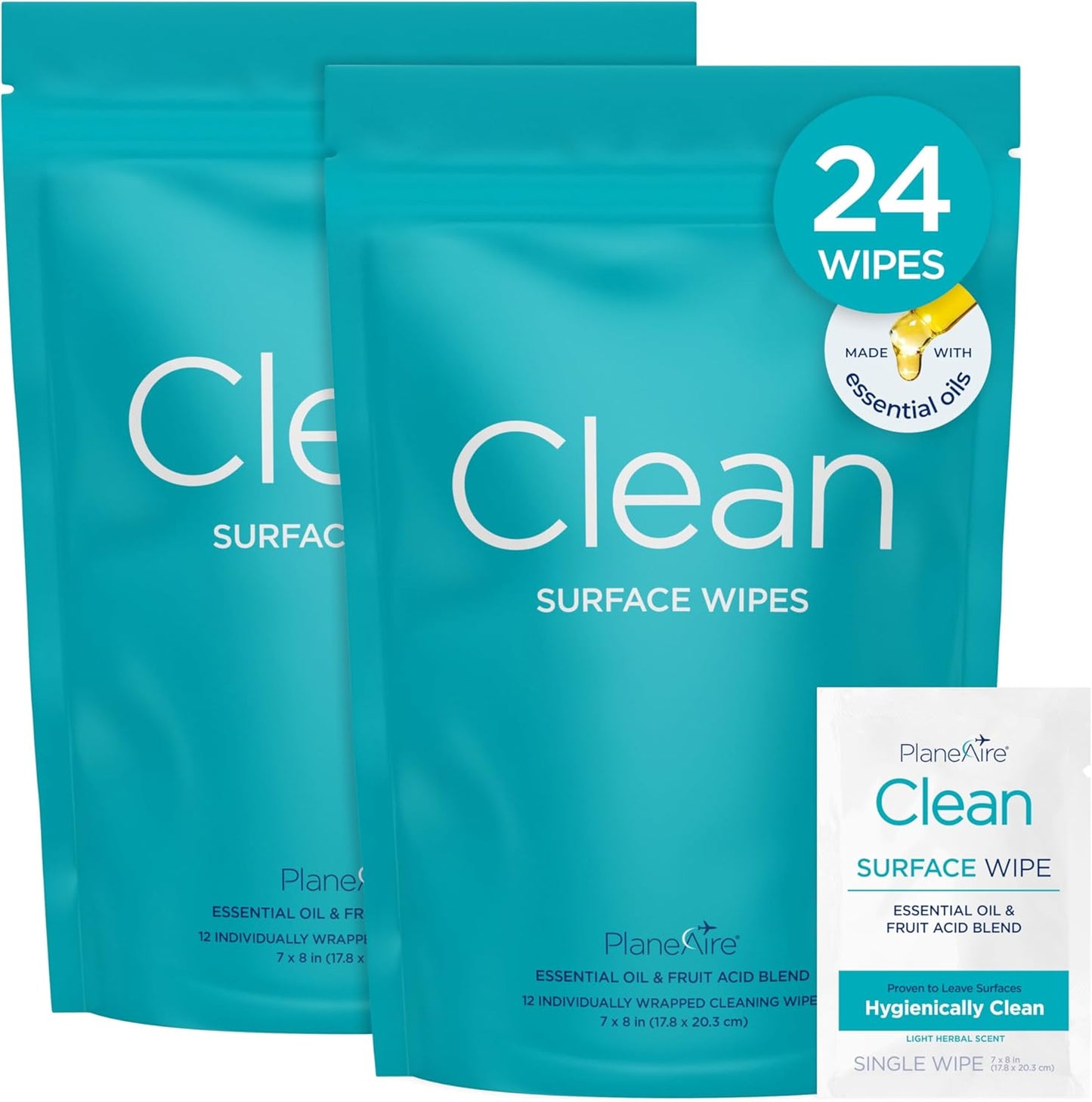 Clean Wipes | Surface Cleaning Wipes | Individually Wrapped Travel Wipes | All Purpose Cleaning Wipes | Airplane Travel Essentials | Travel Cleaning Supplies | On the Go | Essential Oils | 2 Pack