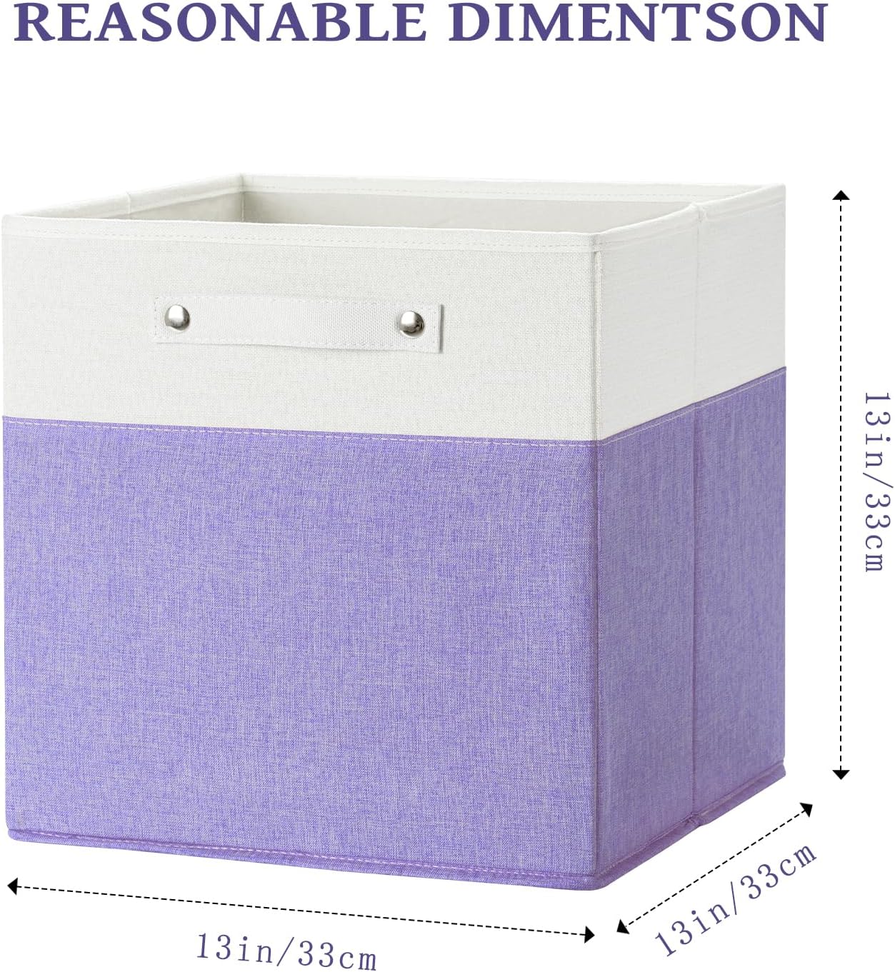 13 x 13 Inch Fine Linen Storage Bins with Handles，Fabric Cube Boxs，Collapsible Basket Organizers for Shelves for Home, Closet Drawers (White/Purple-4 Pack)