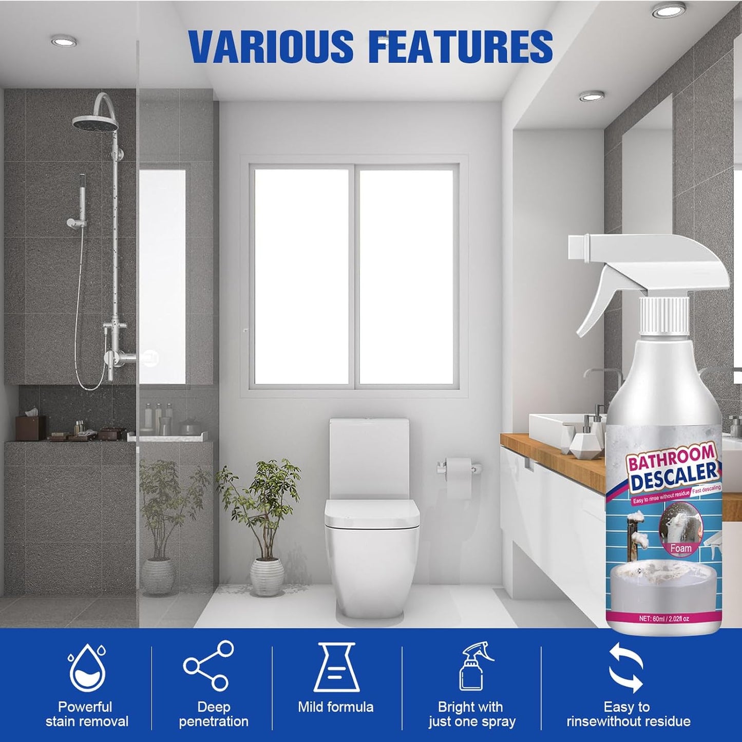 2PCS Bathroom Descaler Foam Cleaner, Stubborn Stains Cleaner, Multipurpose Bathroom Foam Cleaner Spray, Bath-room Descaler Spray for Bath-room Toilet Bath Shower Glass Sink Cleane