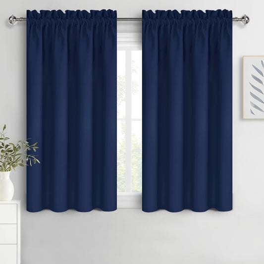 DWCN Short Blackout Curtains for Bedroom 45 Inches Long 2 Panels Set, Solid Thermal Insulated Energy Saving Window Treatment Drapes, Rod Pocket Curtains for Kids Boys Room (W52 x L45 Inch, Navy Blue)
