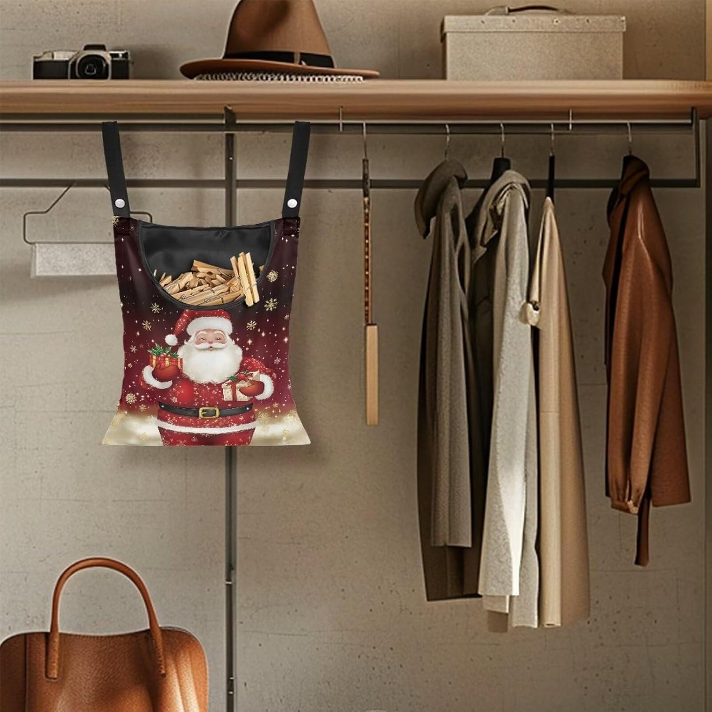 Christmas Santa Claus 2025 Waterproof Clothespin Pouch - Space-Saving Hanging Hook Bag for Holiday Laundry & Garage Storage