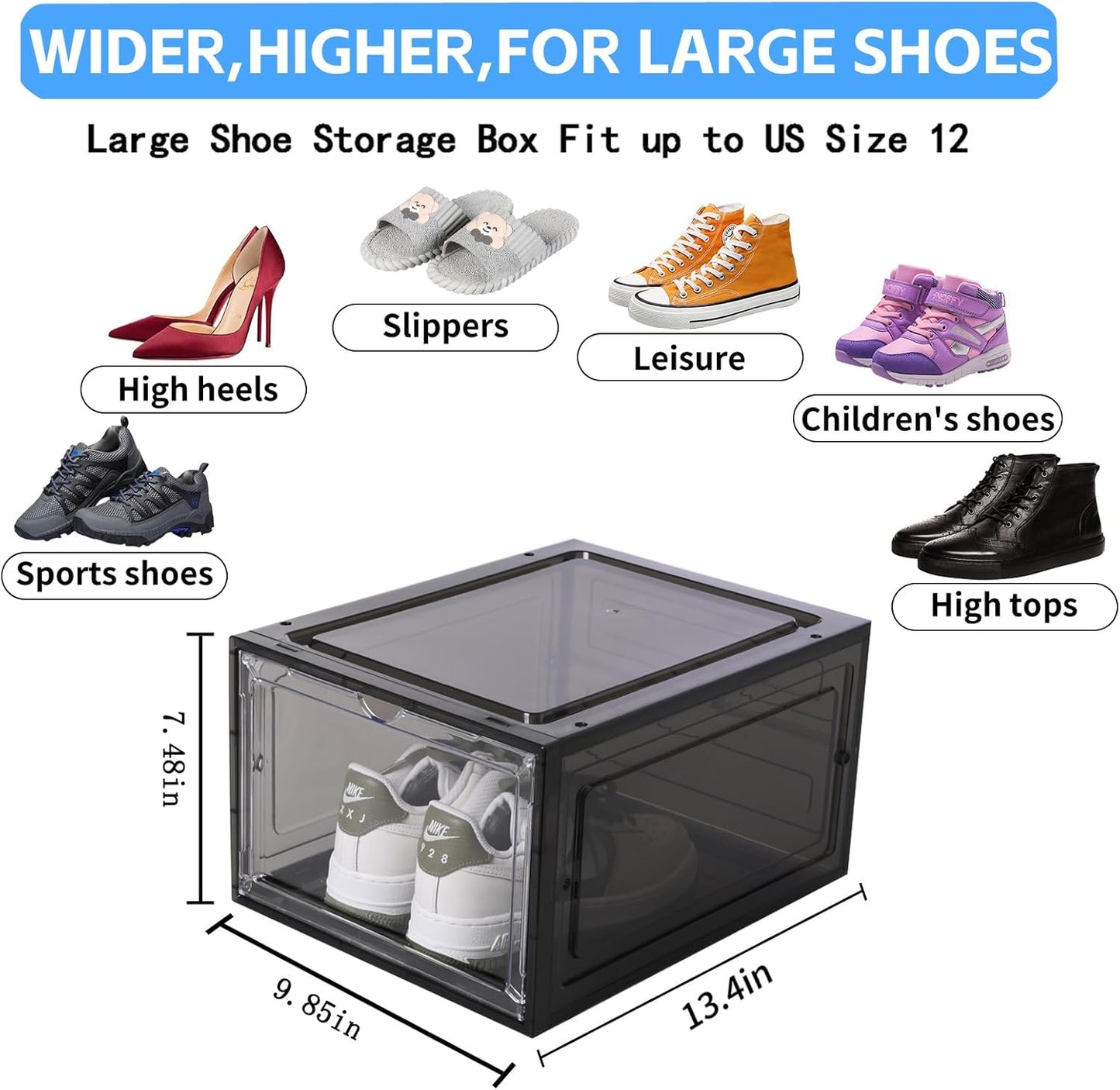 8 Pack Shoe Boxes Clear Plastic Stackable, Drop Front Shoe Storage Organizer for Closet, Sneaker Storage with Magnetic Door, Shoe Display Containers Fit US Size 12(13.4”x 10.6”x 7.5”) Black