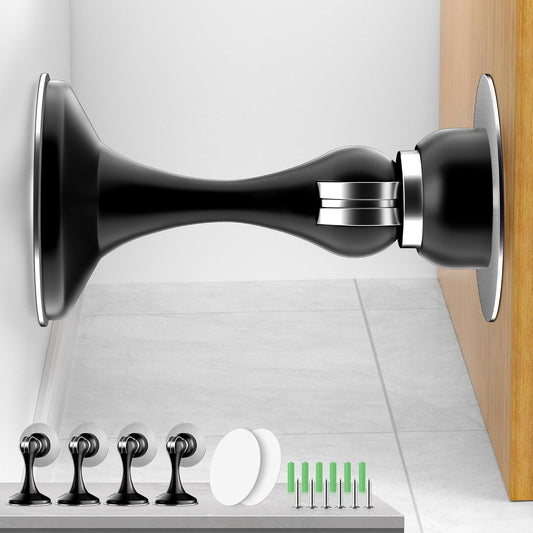Crosize Magnetic Door Stoppers 4 Pack, Stainless Steel Door Catch for Wall and Floor Mounting, Door Holder Keep Door Open, No Drilling Door Stop with Adhesive Tapes, Black