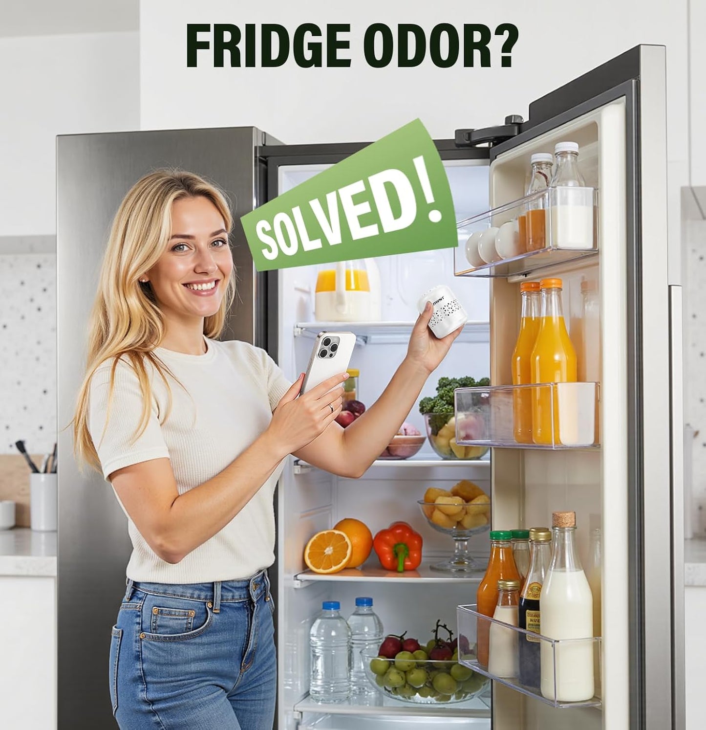 Fridge Deodorizer, 10-Year Odor Eliminator for Refrigerator, No Refills or Fragrance, More Effective Than Charcoal Air Purifiers-White