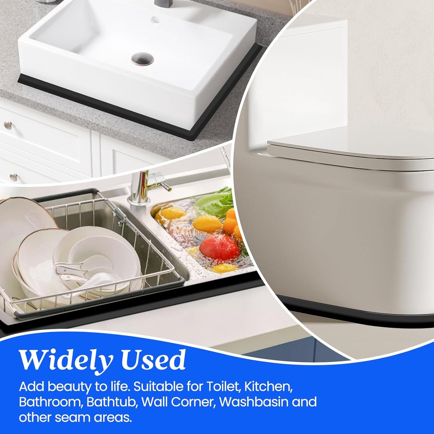 ABSOFINE Caulk Tape Waterproof Self Adhesive, Black Toilet Caulk Sealant Tape, Shower Seal Strip for Kitchen, Countertop, Bathroom, Sink Bathtub Toilet Edge Protector with Sealing Tool (1.97"x16.4Ft)