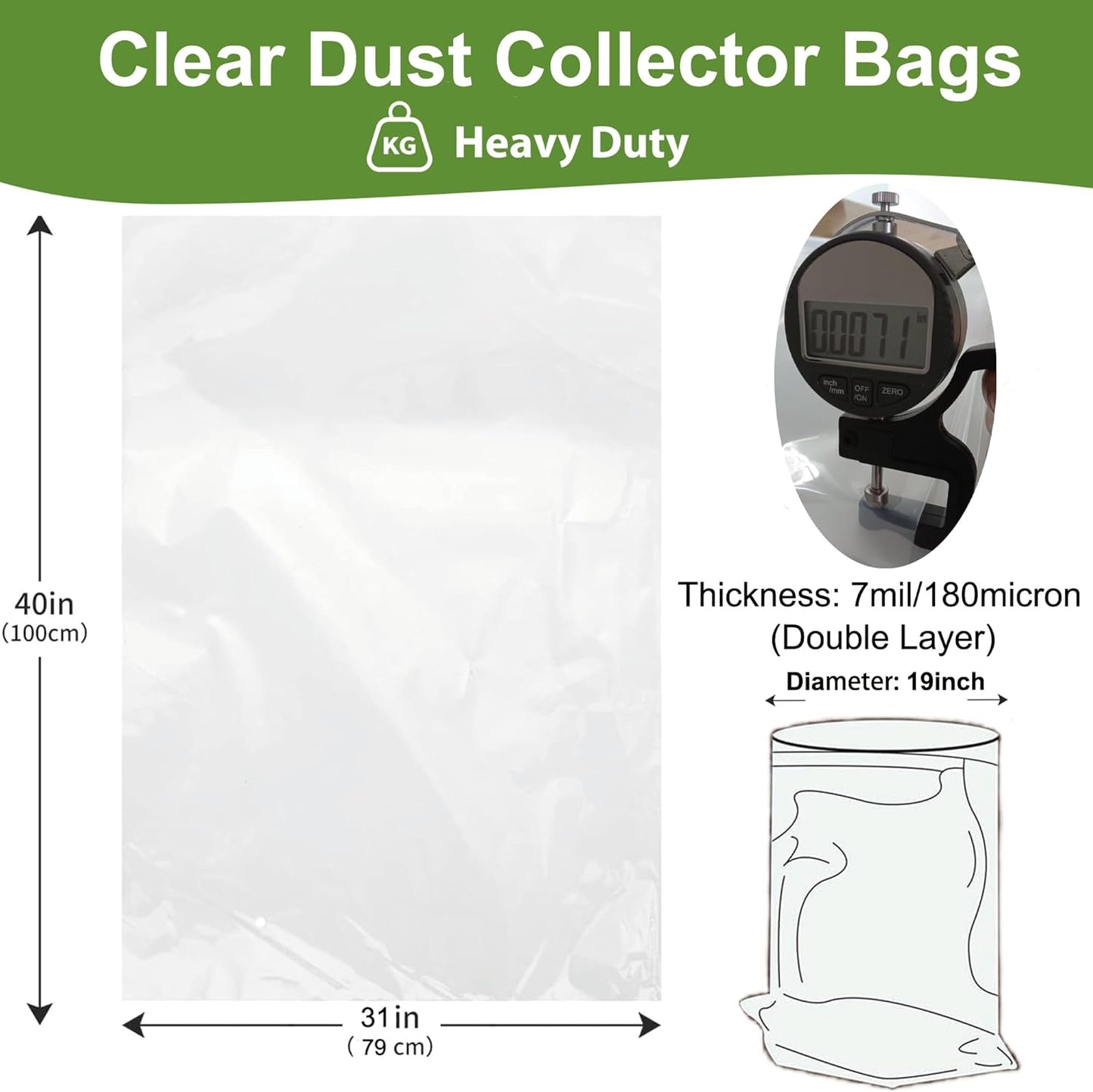 Dust Collector Bags 6pcs two-sided 7mil 19.5" diameter (31" width x 40" length) for Harbor Freight Central Machinery 70 Gallon Dust Collector (6)