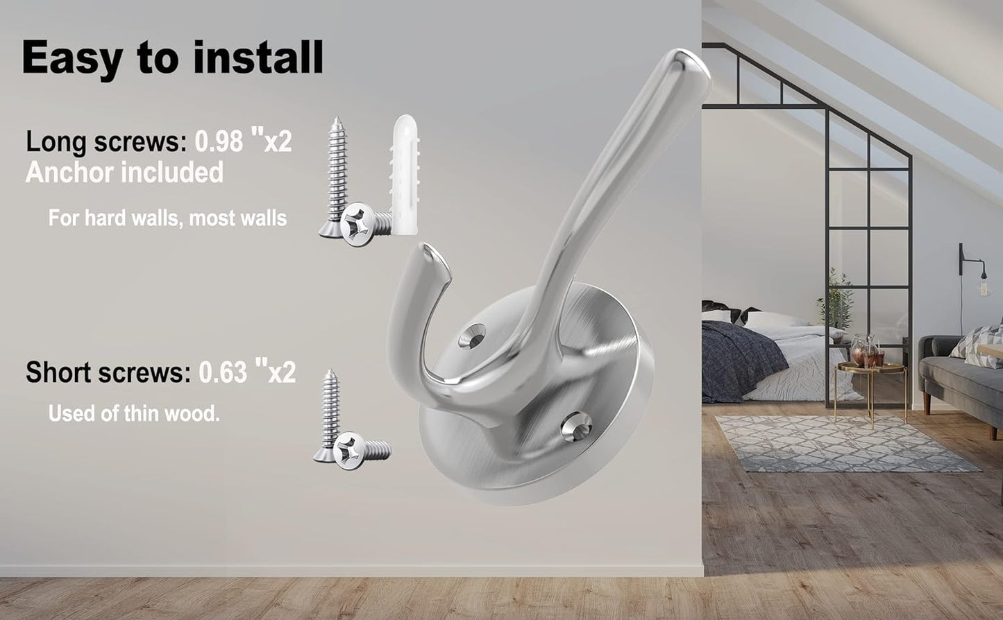 Brushed Nickel Robe Hooks Towel Hooks, 3 Pack Coat Hook Heavy Duty Mudroom Hook Double Bathrobe Hook Wall Mounted, Hat Hooks for Entryway Bathroom Kitchen Closet