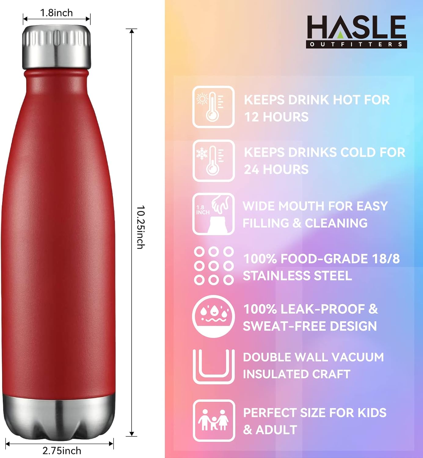 HASLE OUTFITTERS 17oz Stainless Steel Water Bottles Bulk, Vacuum Insulated Double Walled Powder Coated Reusable Metal Sports Water Bottles Keep Drinks Hot and Cold, Red, 4Packs