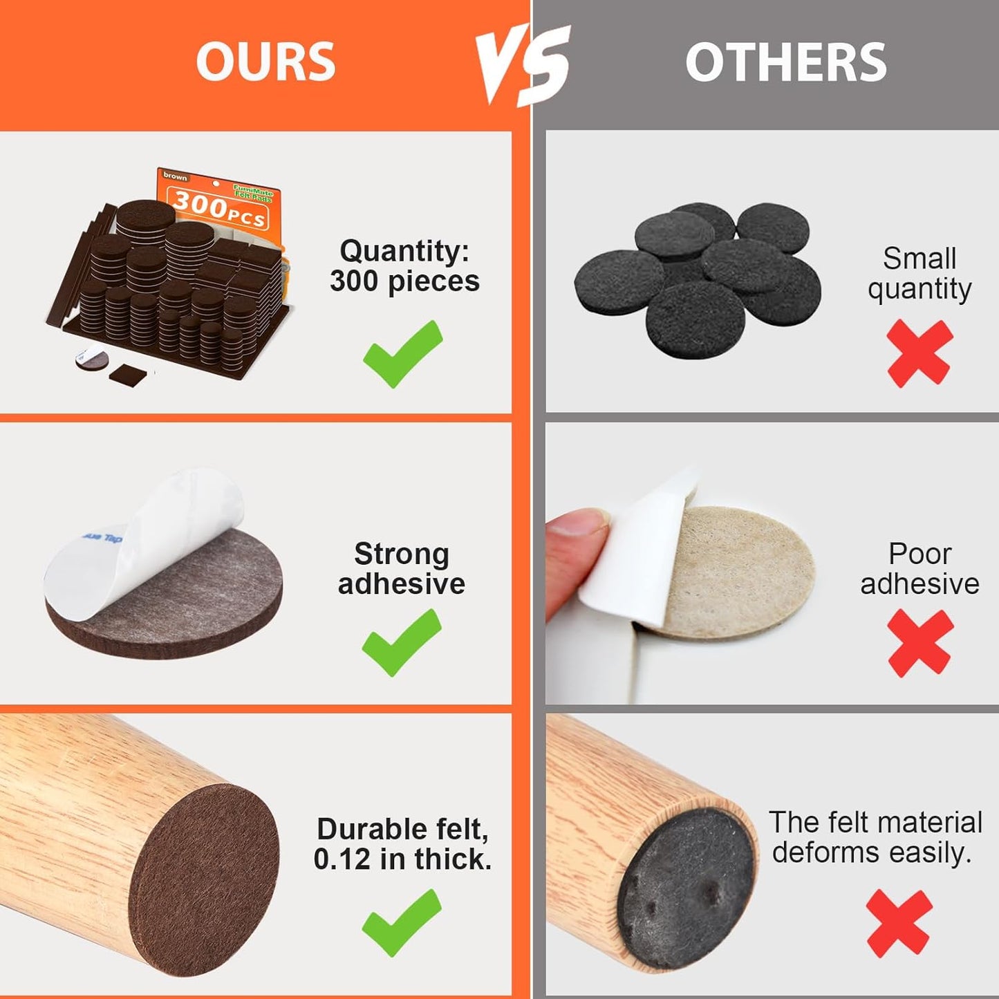 Felt Furniture Pads 300 Pieces, Furniture Pads for Hardwood Floors, Floor Protectors for Furniture Legs, Felt Pads for Furniture, Floor Savers for Furniture Brown