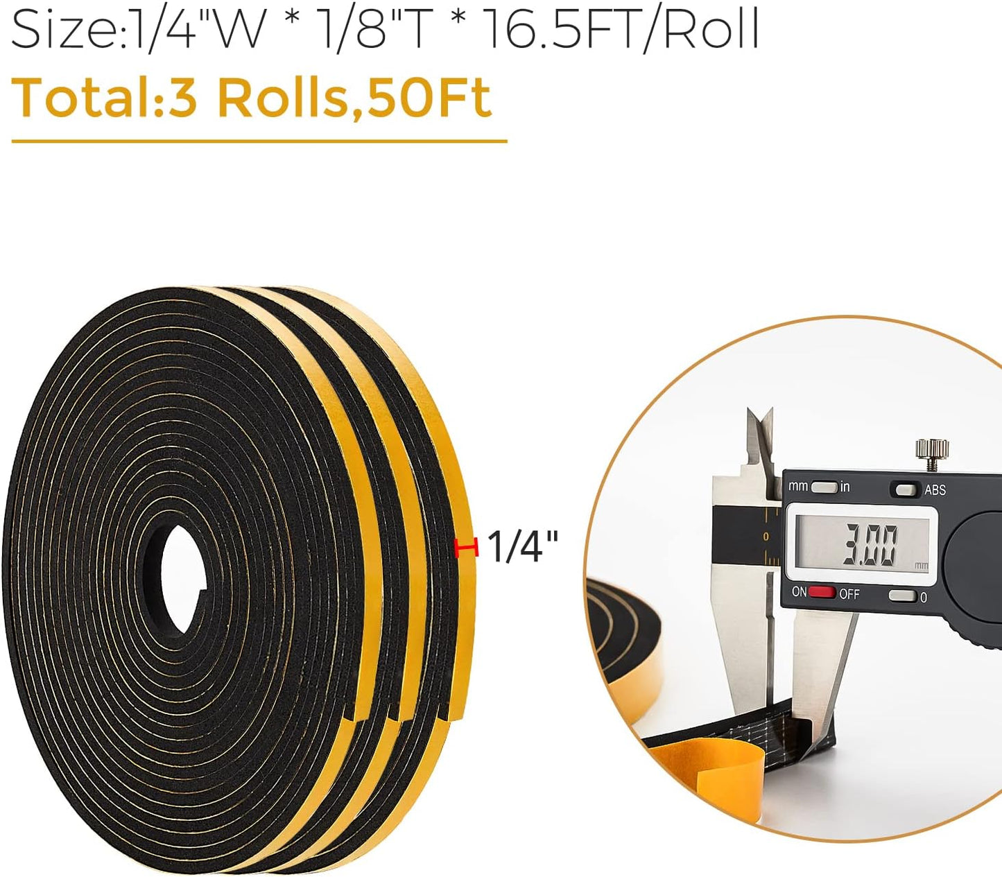 50 Feet Weather Stripping Door Seal, 1/4" Wide X 1/8" Thick Door Seal Strip High Density Foam Tape Adhesive Strip for Door Soundproofing,Window Insulation (1/4" x 1/8" x 50FT,Black)