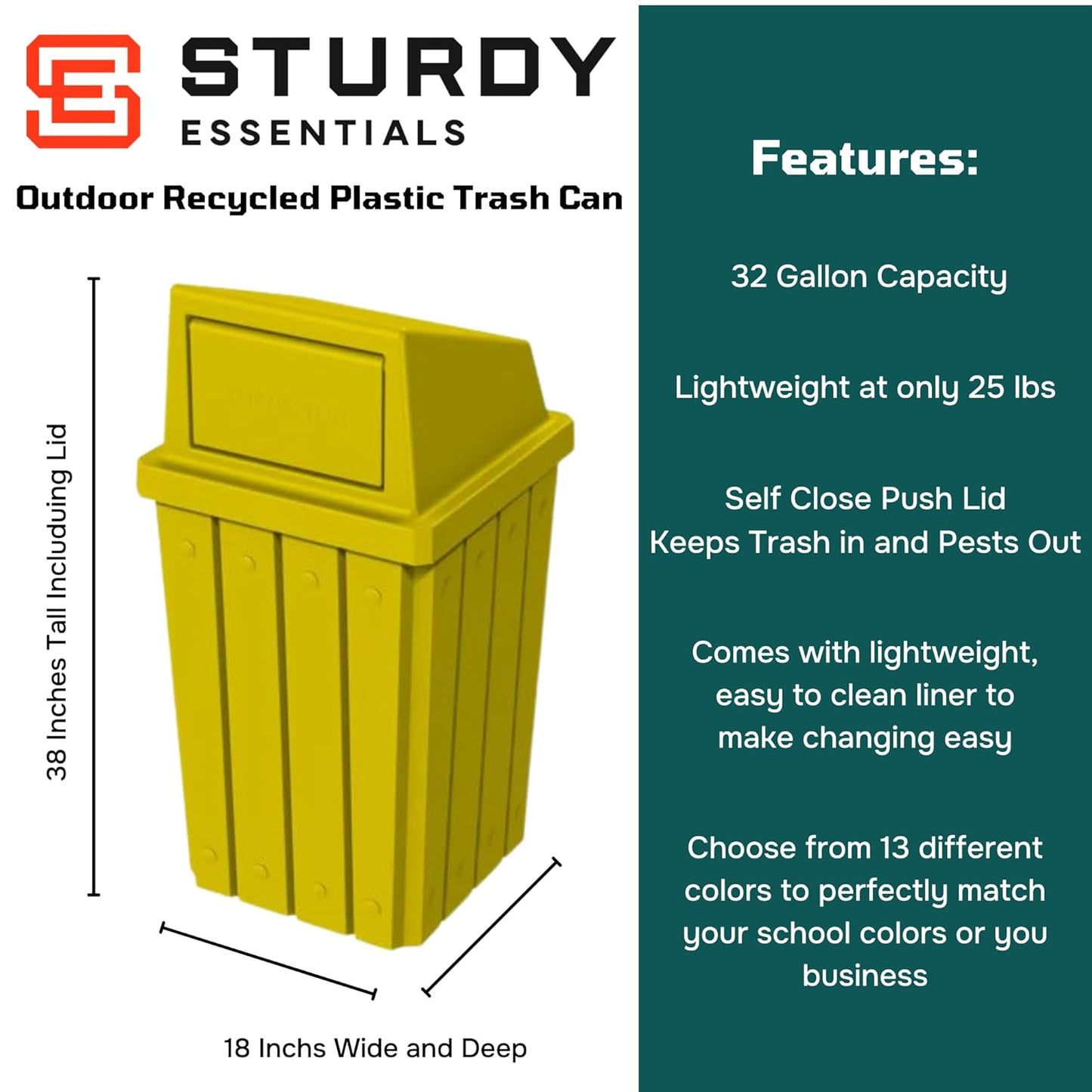 32 Gallon Square Slatted 100% Recycled Plastic Heavy-Duty Commercial Outdoor or Indoor Trash Can with Push Top Lid | Great for Schools and Businesses - Yellow