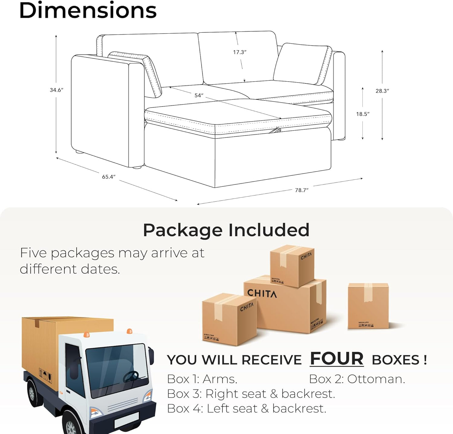 CHITA Modular Sectional Sofa, FSC Certified L Shaped Couch with Reversible Chaise, Modular Sectional Couch for Small Space, 78 Inch Width, 3 Seat Modular Sofa with Storage Ottoman, Grey