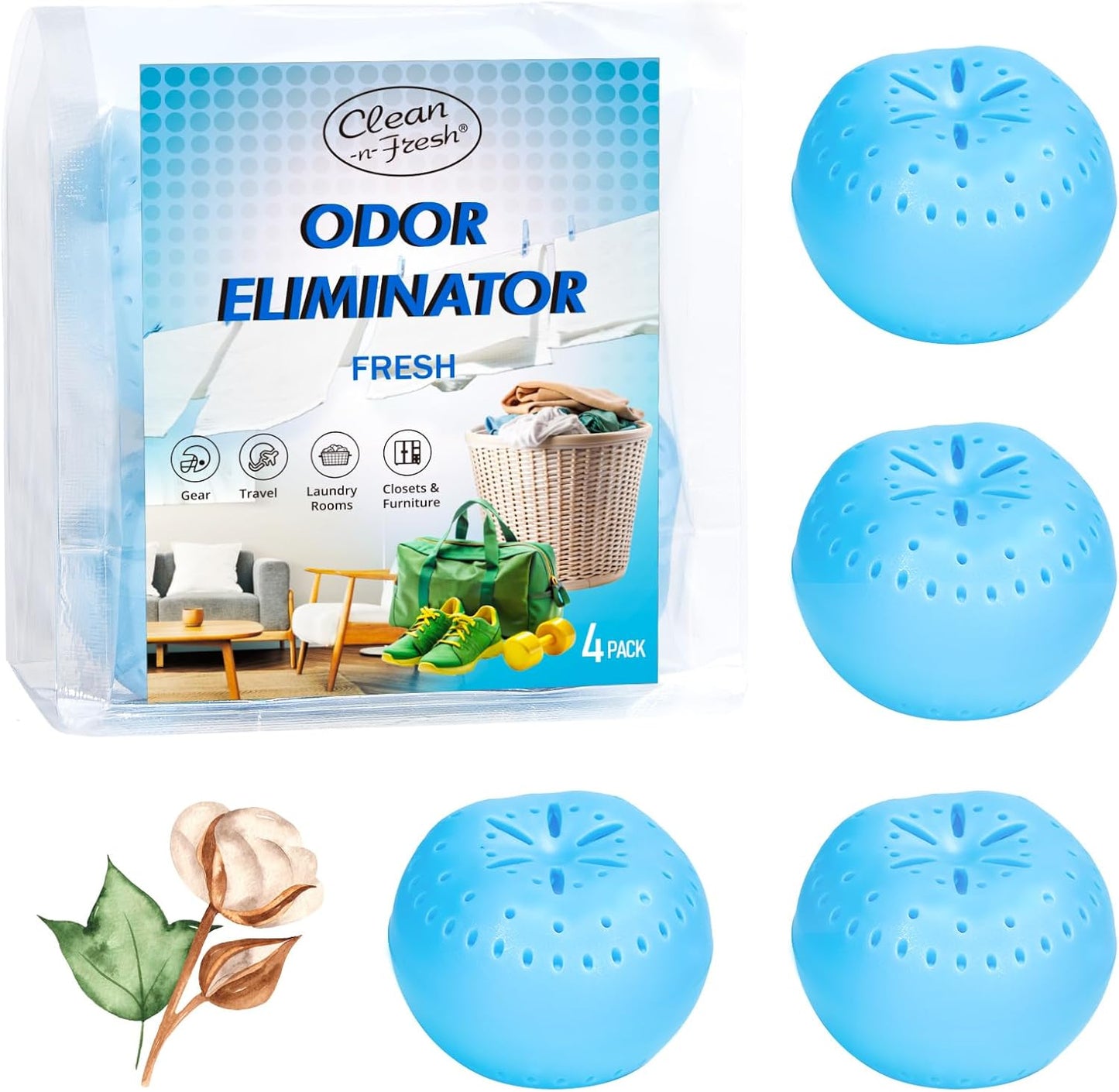4 Pack Baking Soda Deodorizers, Fresh Scent Shoe Deodorizer Balls, Air Freshener for Home, Odor Eliminator for Closets Bathroom Pets, Up to 80 Days