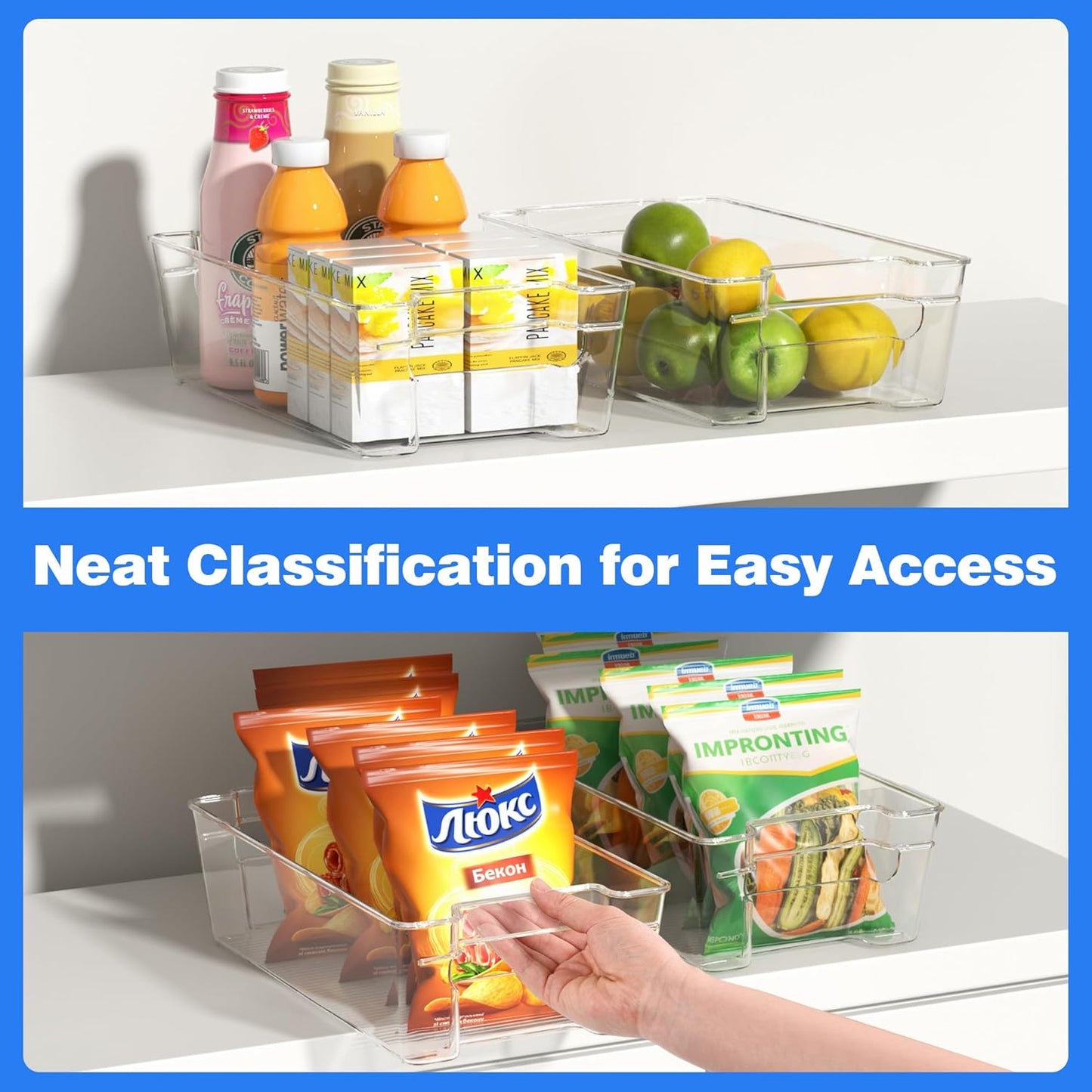 Clear Refrigerator Storage Bins, 8-Piece Set, Stackable Kitchen Organizer Containers for Fridge and Pantry (Clear 8 Pack-12.4"*6.1"*3.4")