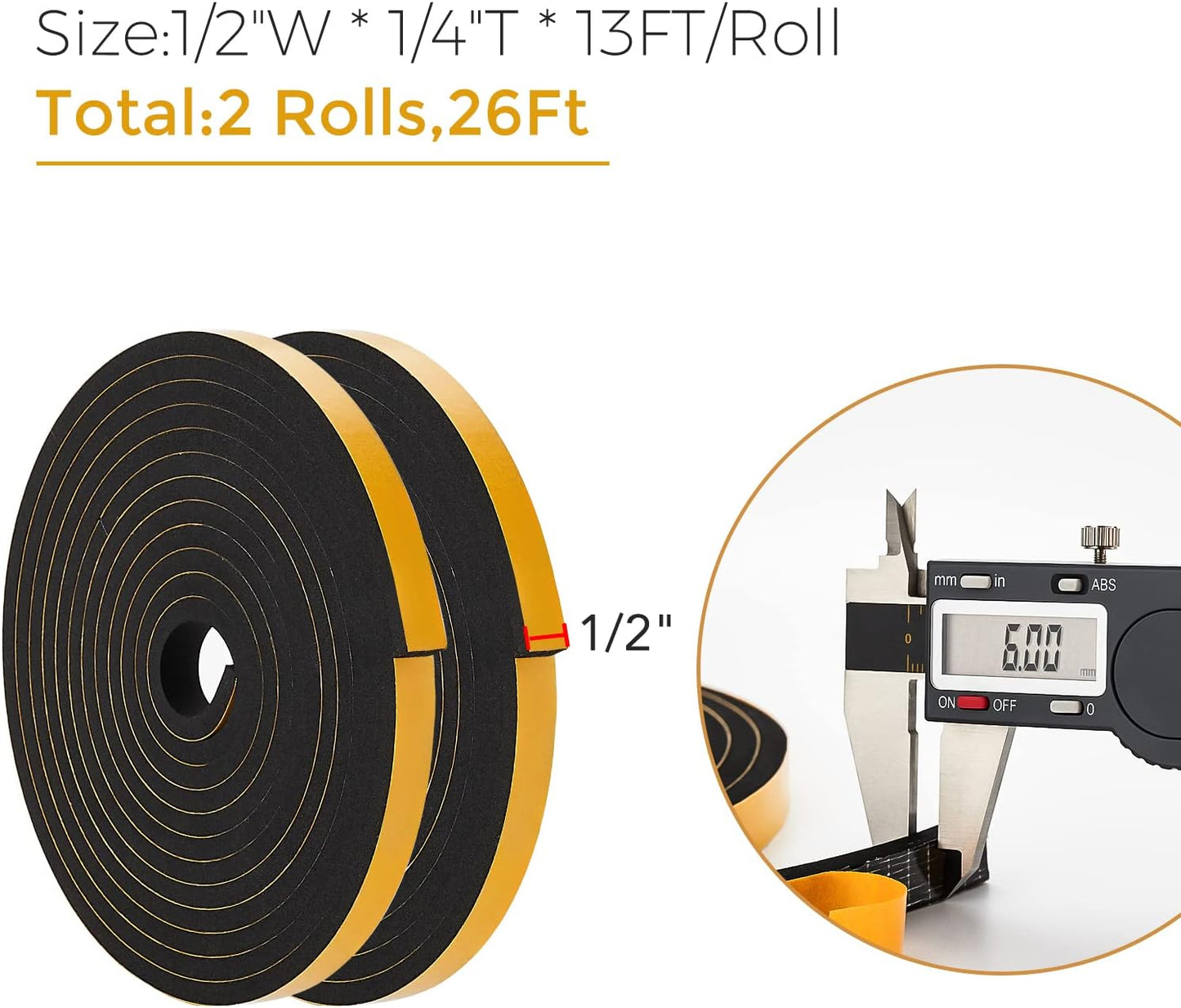 26 Feet Weather Stripping Door Seal, 1/2" Wide X 1/4" Thick Door Seal Strip High Density Foam Tape Adhesive Strip for Door Soundproofing,Window Insulation (1/2" x 1/4" x 26FT,Black)