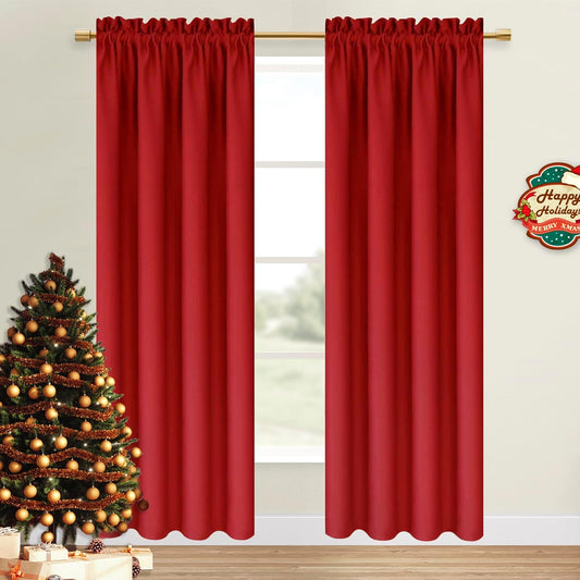 DWCN Christmas Blackout Curtains for Bedroom – Thermal Insulated Room Darkening Drapes for Living Room, Red, W 42 x L 84 Inch, Set of 2 Rod Pocket Curtain Panels