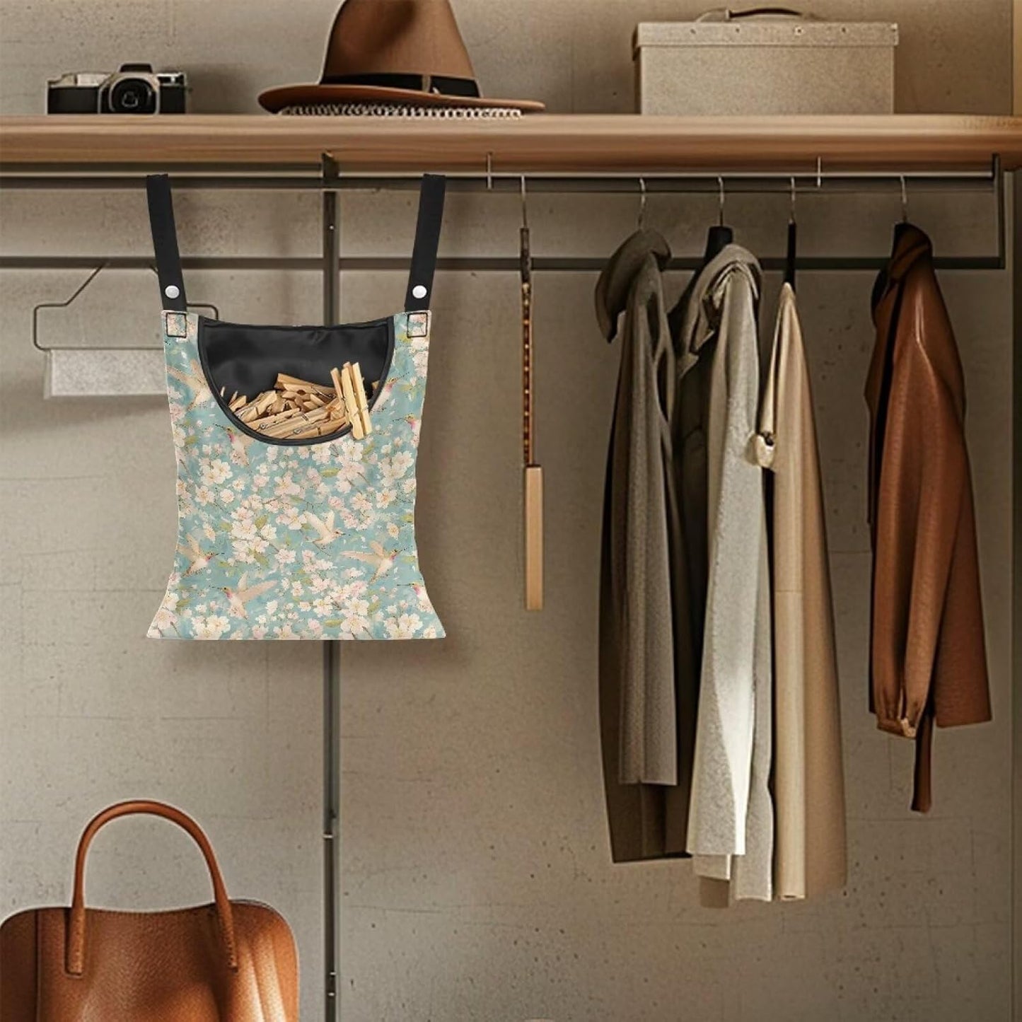 Clothespin Bag, Hanging Laundry Bag, Clothes Lines for Hanging Clothes Outside, Hanging Storage Organizer with Hanging Rope for Home Outdoor - Flower and Bird