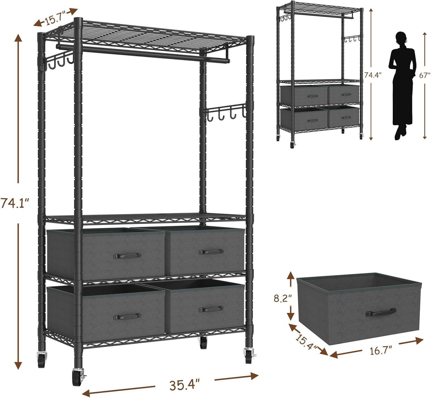 Clothes Rack, Heavy Duty Clothing Rack for Hanging Clothes, 4-Tier Adjustable Closet Organizer with 4 Drawers | Hanging Rod | Side Hooks | Load 445lbs | 15.7" D x 35.4" W x 74.1" H