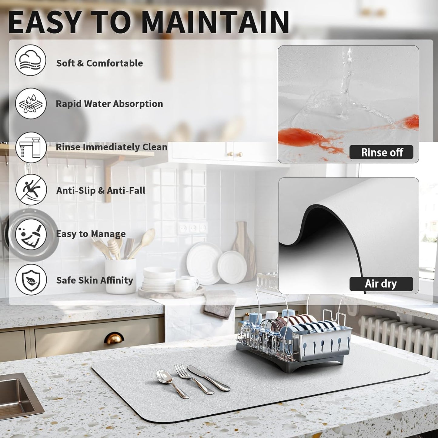 Dish Drying Mat for Kitchen Counter, Heat Resistant Drainer Mats with Non-slip Rubber Backed, Hide Stain Kitchen Super Absorbent Draining Mat, Easy to Clean Dish Rack Pad, Light Grey 16"x18"