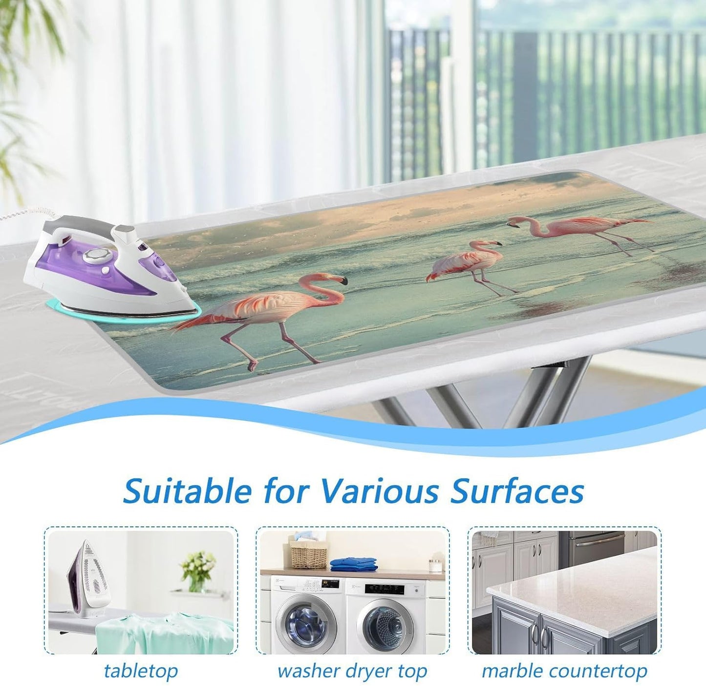Flamingo with Coastline Ironing Mat for Table top Portable Ironing Pad Blanket for Washer Dryer Countertop Travel