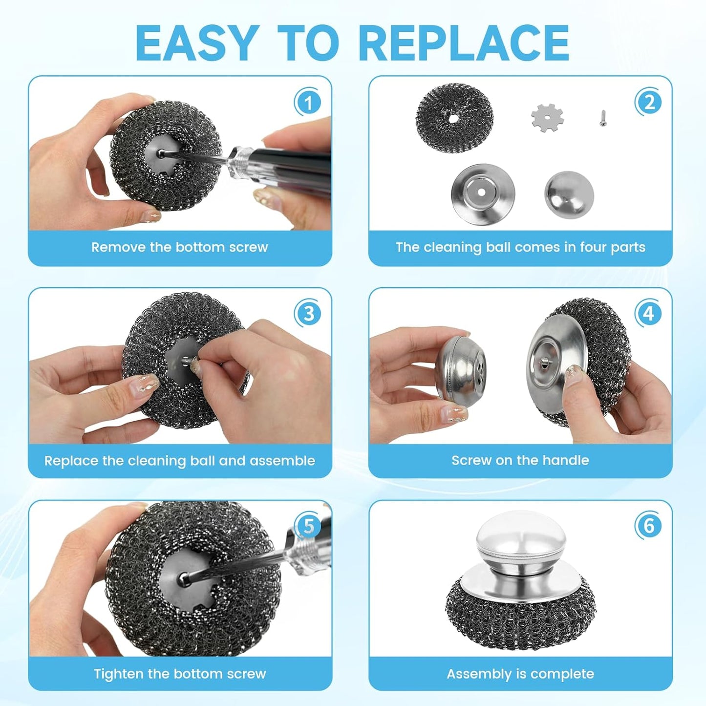 6 Pcs Steel Wool Scrubber, Stainless Steel Scrubber for Cleaning Kitchen and Household Stubborn Messes from Stoves Pans Pots Grill Sink, Replacement Wire Brush Set ( Only Replacement Pad)