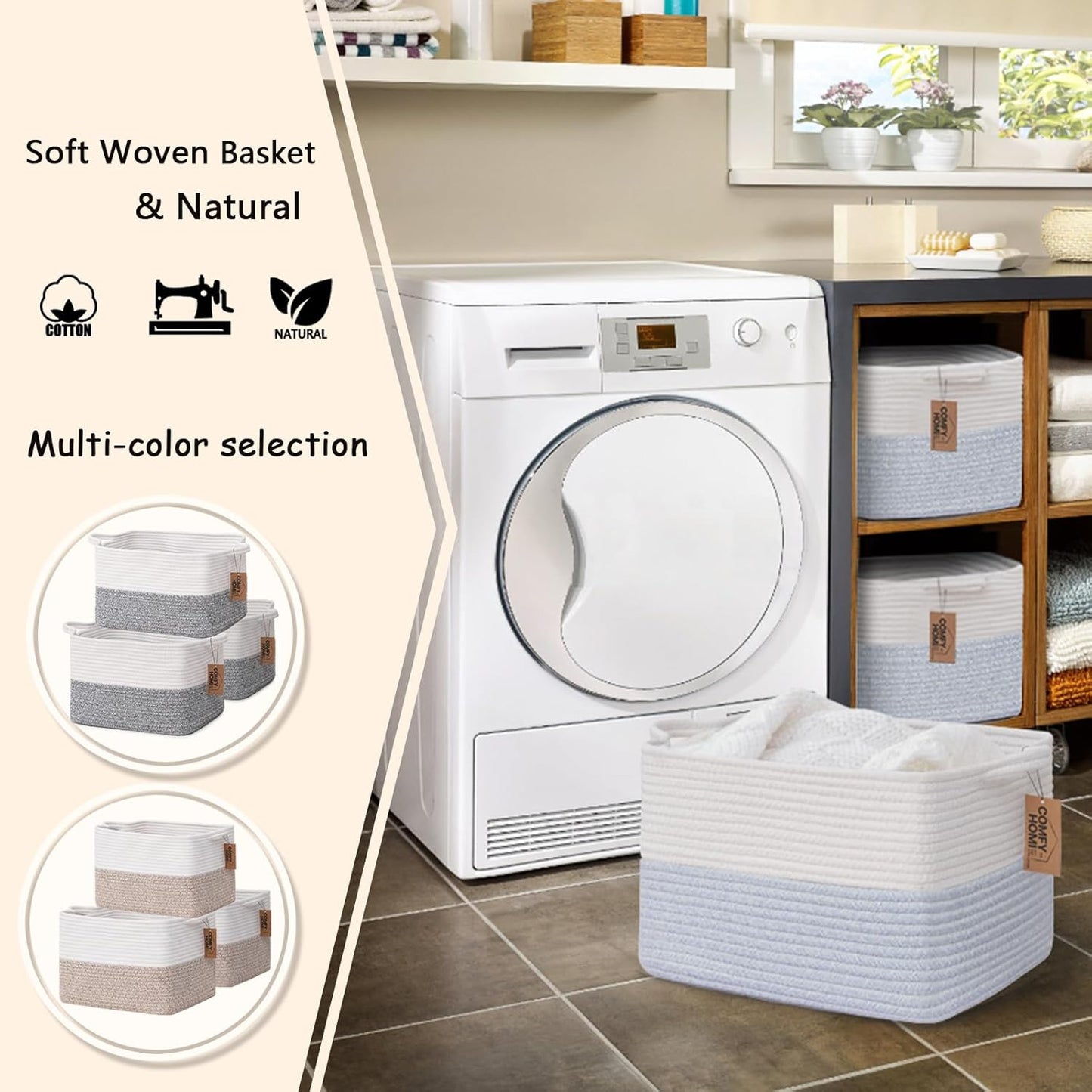 COMFY-HOMI 3PACK Cotton Rope Square Baske with Handles for Shelves|Dog Toy Baske Bin and Storage|Baby Baske for Gift|Shoe Baske for Organizing|13.5" x 11" x 9.5" for Living Room（White/Blue）