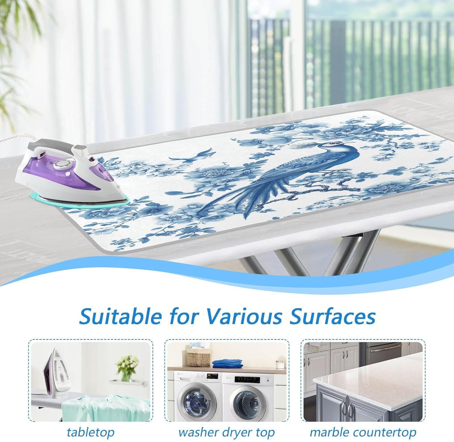 Chinoiserie Flower Peacock Ironing Mat Thickened Ironing Blanket Travel Portable Double-Side Using Ironing Pad Travel Isolate Heat Pad Cover for Washer Dryer Table Top Countertop 27.6x47.2in