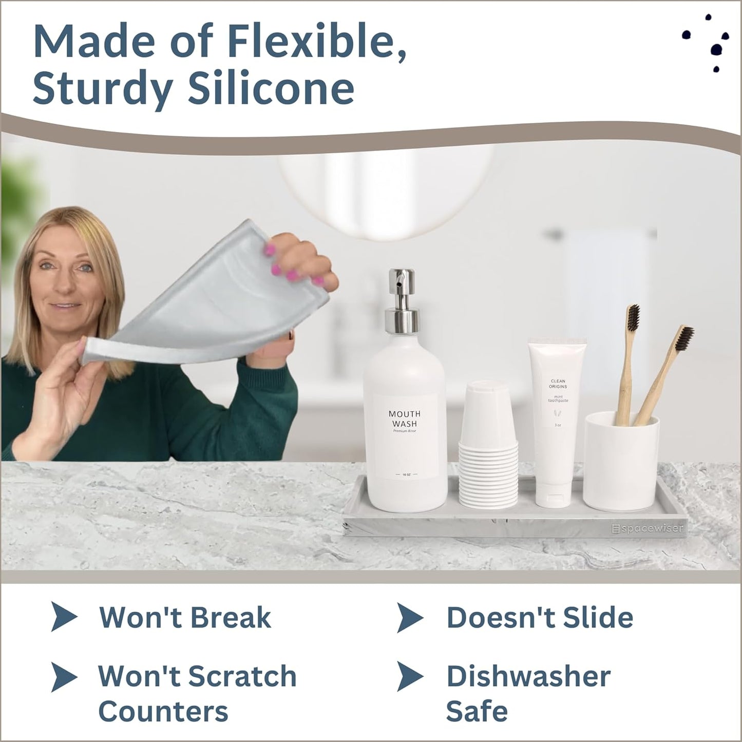 Countertop and Vanity Tray - 11.7" Silicone Bathroom Tray Countertop, Dish Soap Trays for Kitchen Counter, Sink Organizer Accessories Caddy, Toilet Laundry Shower Makeup Mat Oil Holder