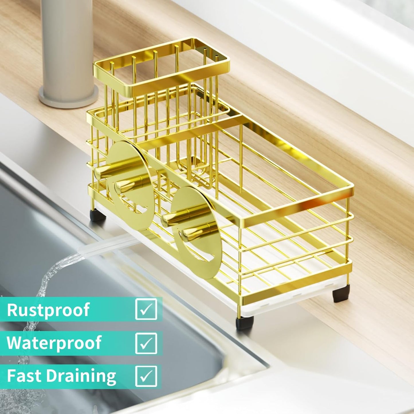HapiRm Sink Caddy Sponge Holder - Self-draining Kitchen Sink Organizer with Smiley Face and Brush Holder, Stainless Steel Kitchen Sponge Caddy for Countertop - Gold