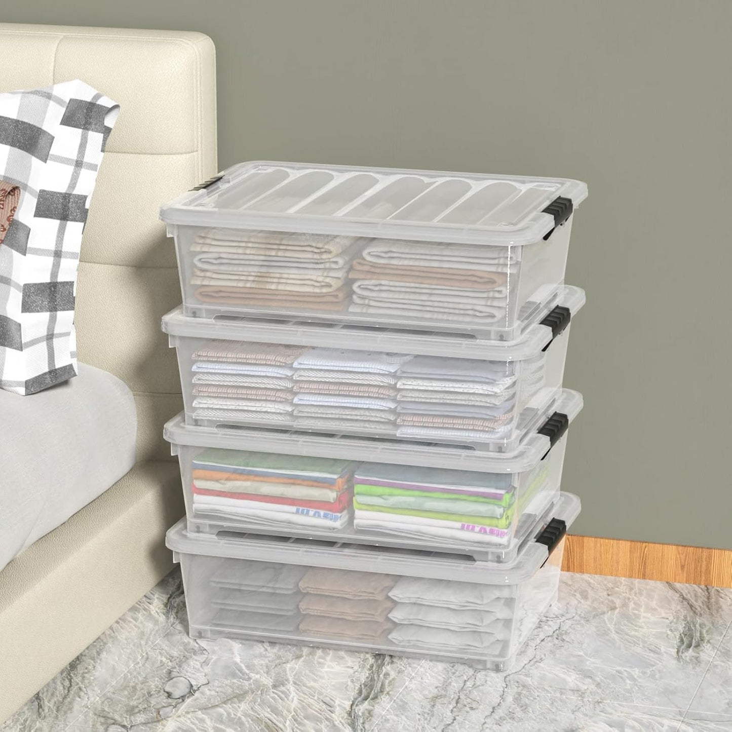 25 Quart Clear Under Bed Storage Container with Wheels, 4 Packs Stackable Plastic Underbed Bin with Lid