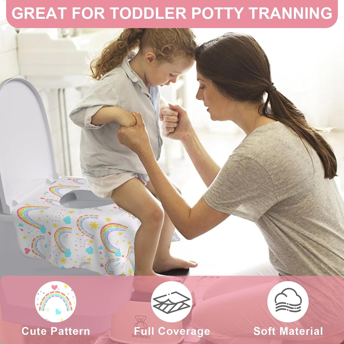 50 PCS Disposable Toilet Seat Covers, Extra Large Portable Potty Seat Covers for Toilet, Bathroom, Toddler & Kid Potty Training Seat Cover, Travel Essentials for Airplane, Trip-Rainbow