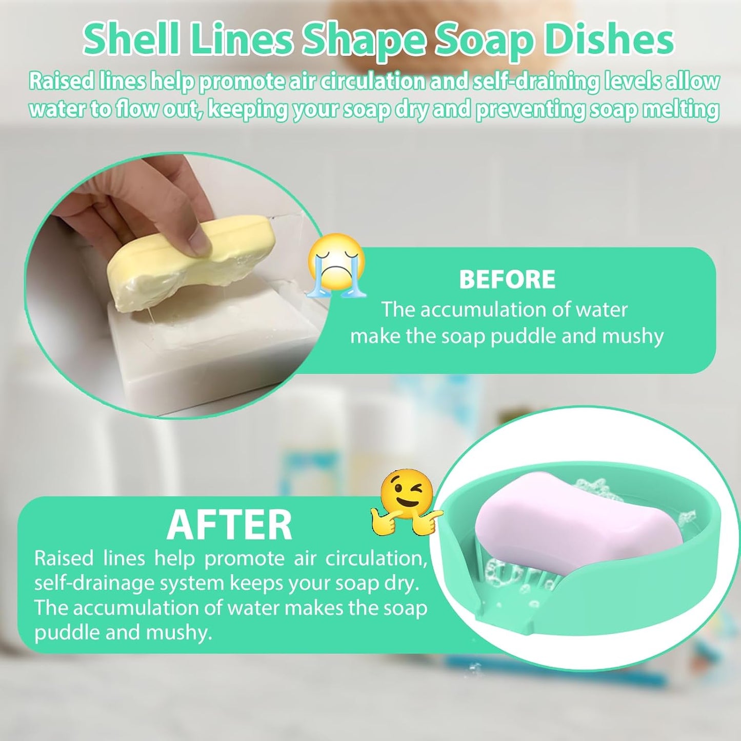 Self Draining Soap Dish, Silicone Suction Cup Soap Holder Tray Savers Container Sponge Holder for Bar Bathroom Shower Kitchen Sink, Can Extend Soap Life (2, Cyan)